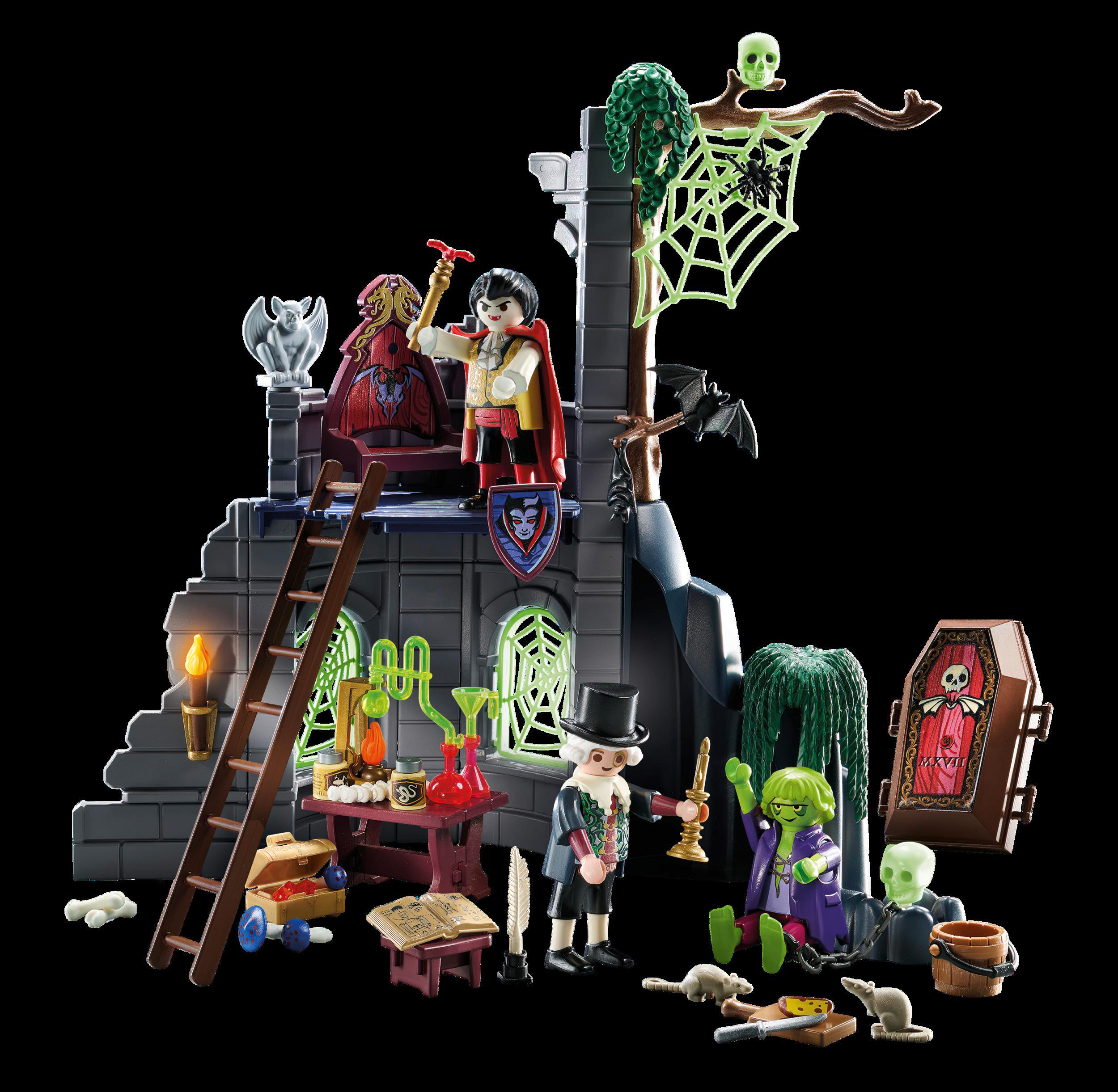 Ein Playmobil Geisterschloss-Spielset mit Figuren und Zubehör auf schwarzem Hintergrund.
