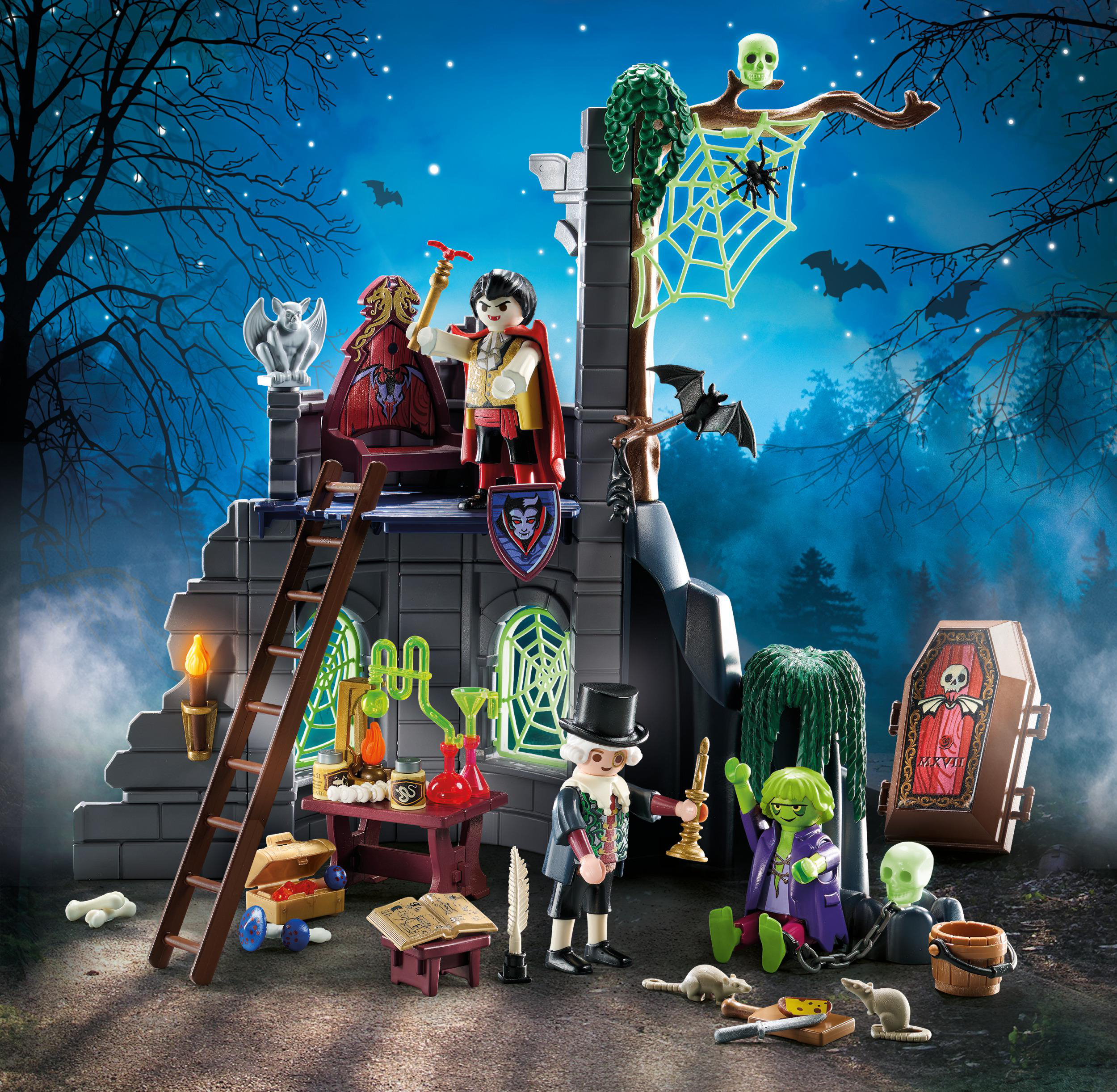 Playmobil-Vampirschloss-Spielset mit Figuren, Fledermäusen und gruseligen Dekorationen.