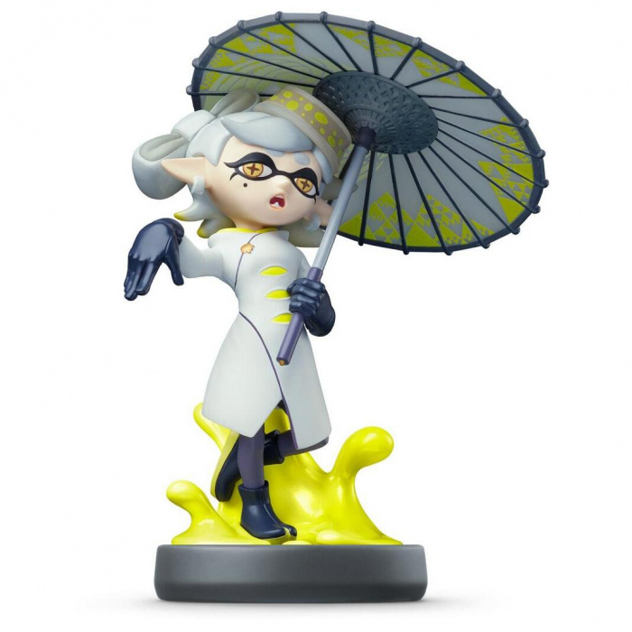 Figurka Inkling Marie z Splatoon, trzymająca parasol, na podstawie z żółtym atramentem.