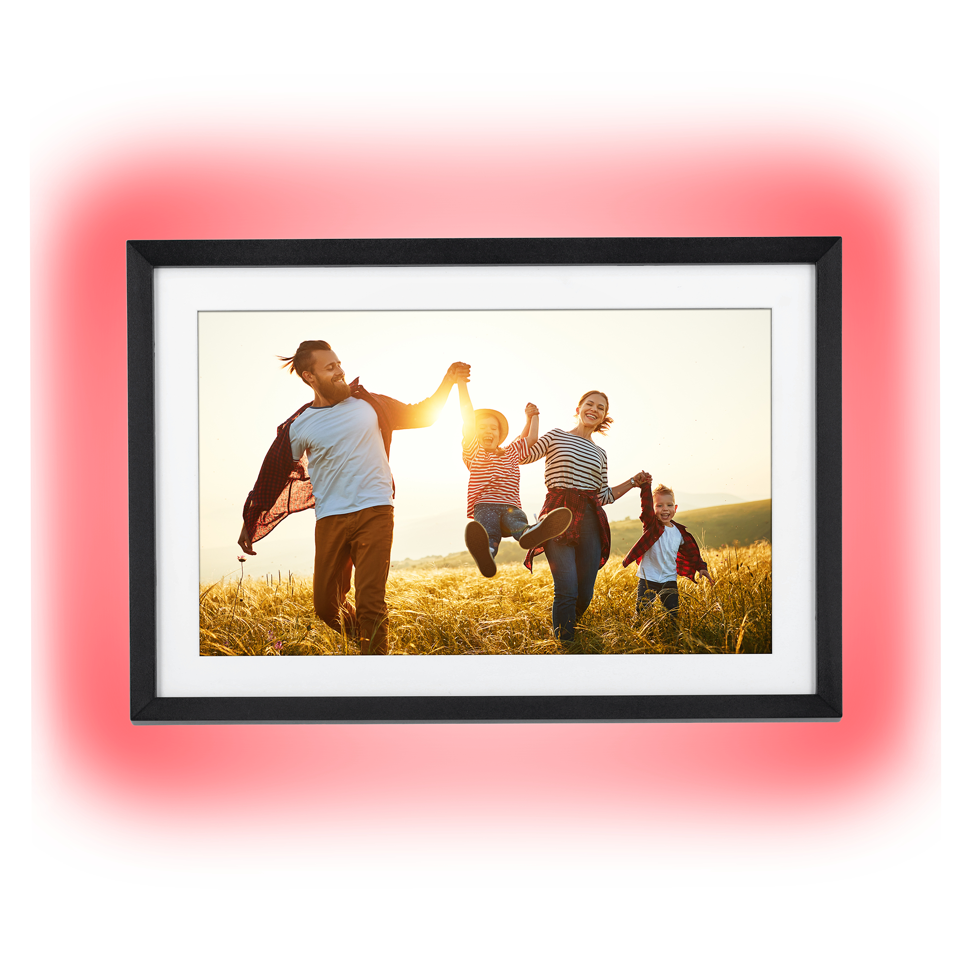Digitaler Bilderrahmen mit Familienfoto, rotes Leuchten um den Rahmen. Familie hält Hände.