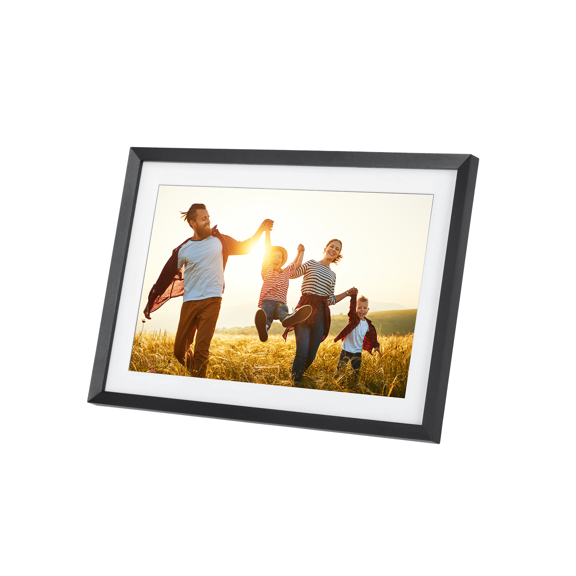 Digitaler Fotorahmen mit Familienfoto. Weißer Hintergrund.