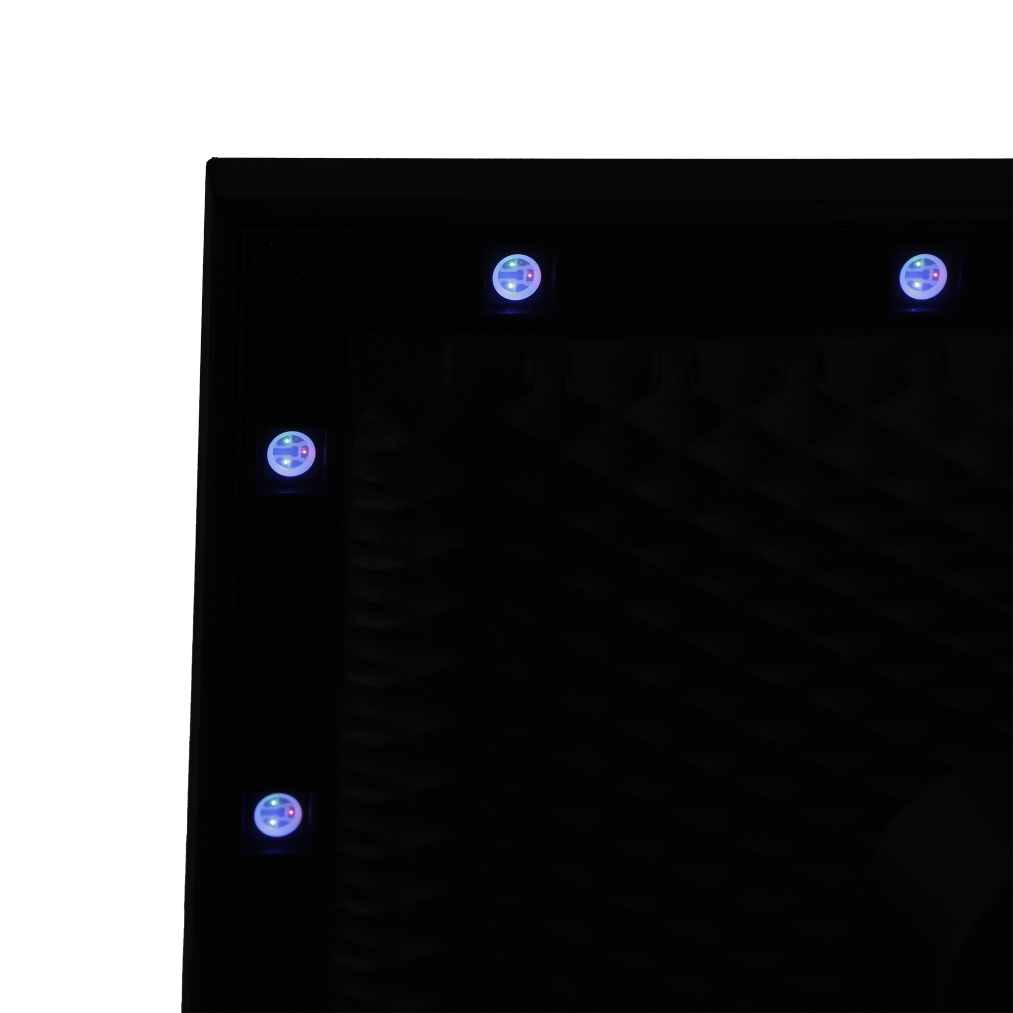 Eine schwarze Tafel mit sechs blauen LEDs. Sie sind in einem rasterartigen Muster angeordnet.