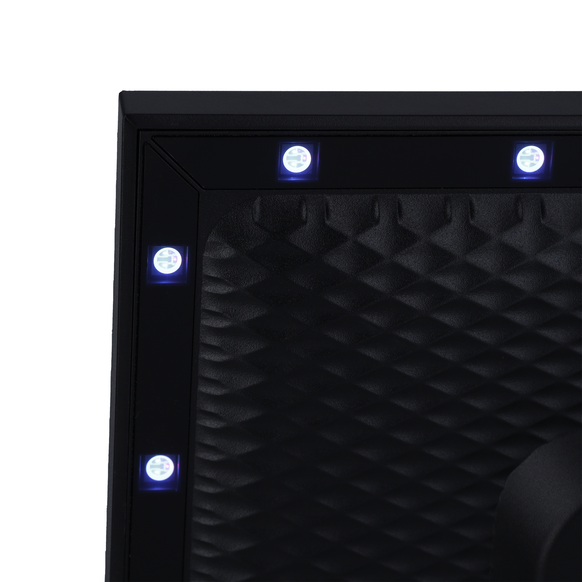 Nahaufnahme eines schwarzen LED-Rahmens mit blauen Lichtern und einem strukturierten Muster.