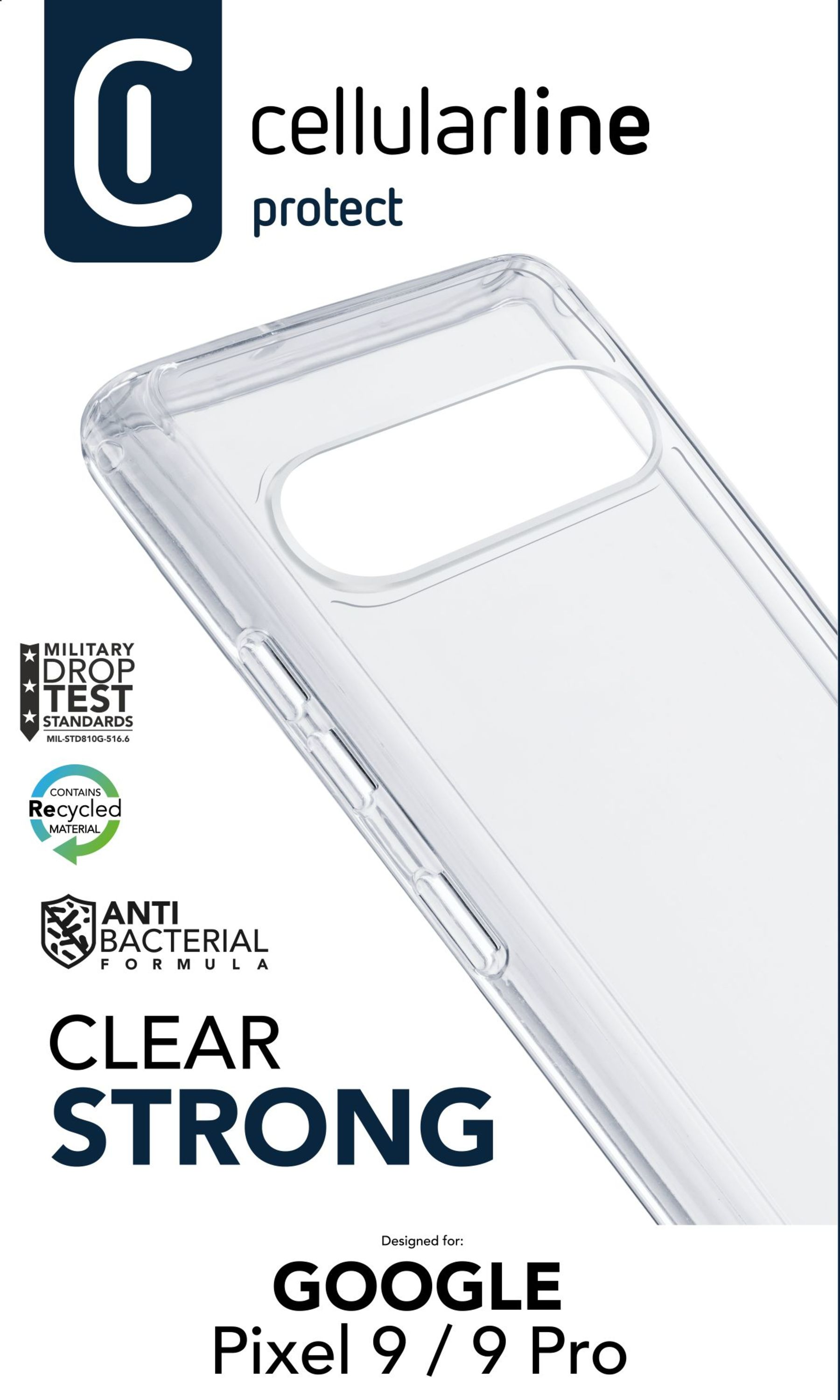 Funda de teléfono transparente con texto: 'CLEAR STRONG' y 'ANTI BACTERIAL FORMULA'.