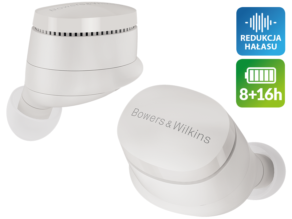 Białe słuchawki Bowers & Wilkins. Jedna słuchawka jest odizolowana. Druga jest w etui. Cechy: redukcja szumów, bateria 8+16h.