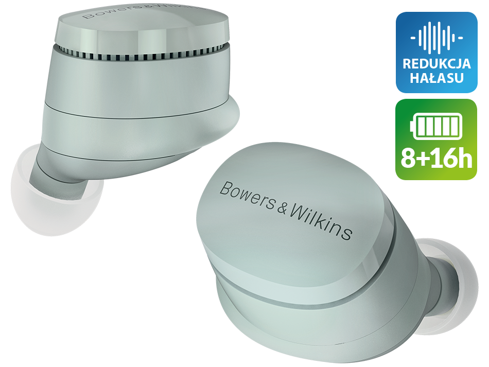 Dwa bezprzewodowe słuchawki douszne. Widoczna nazwa marki Bowers & Wilkins. Ikony redukcji szumów i baterii.