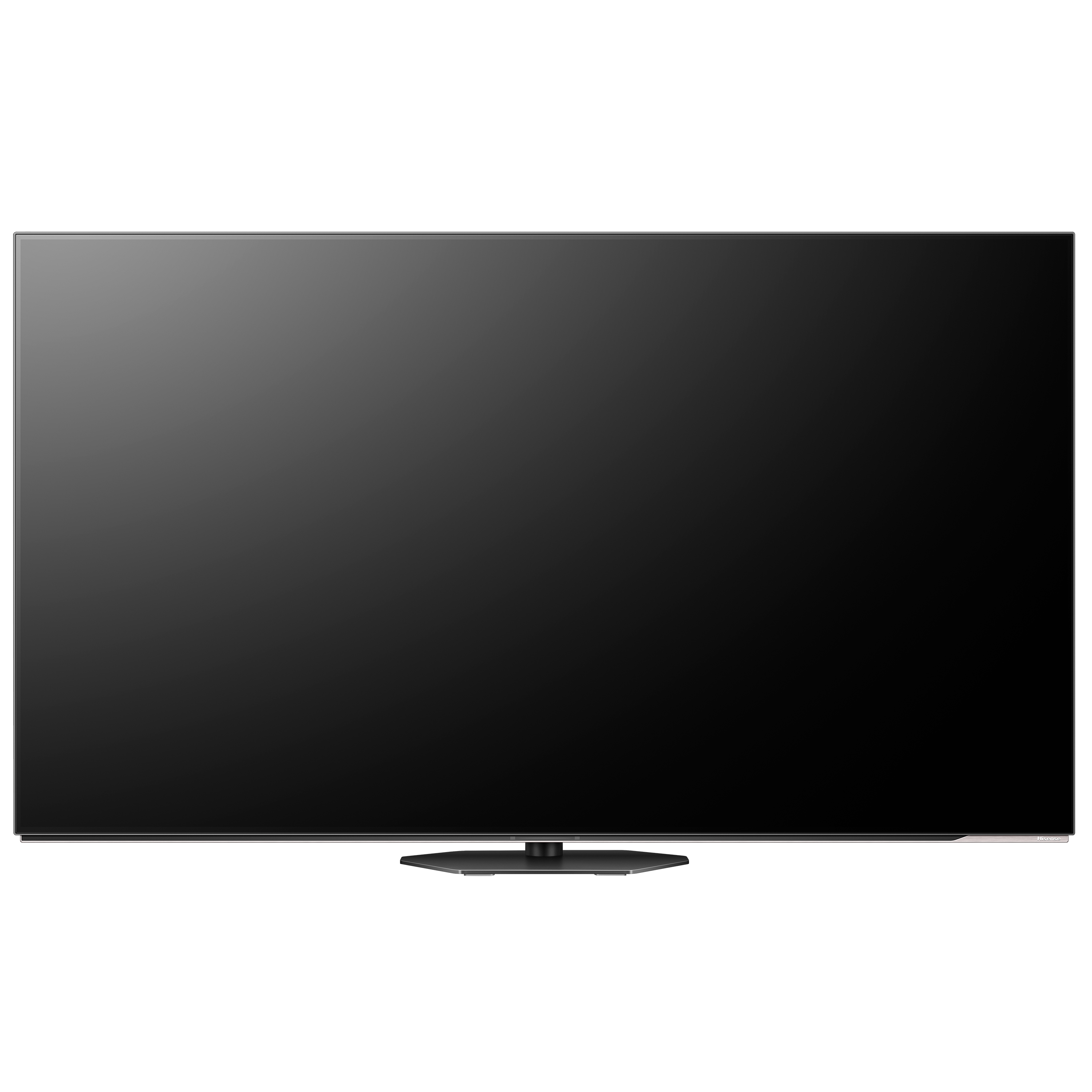 Ein großer, schwarzer Flachbildfernseher auf einem Ständer, isoliert auf weißem Hintergrund.