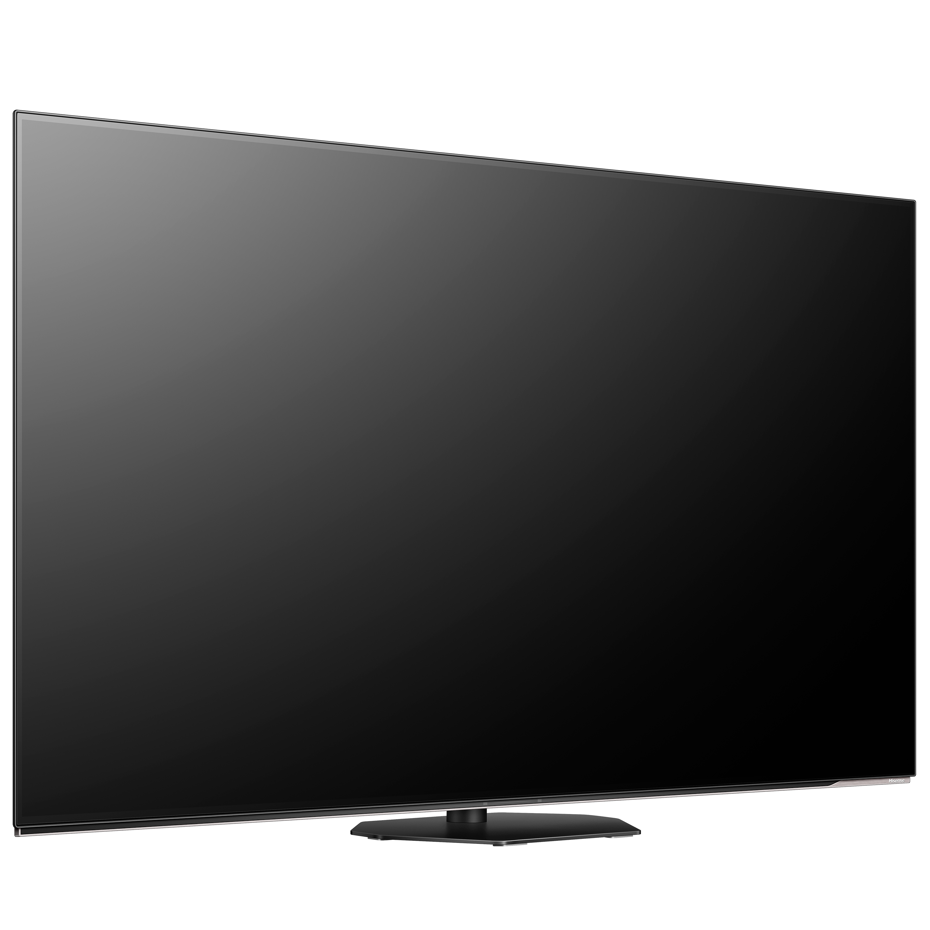 Ein großer, schwarzer TV-Bildschirm, seitlich abgewinkelt, auf einem schwarzen Ständer. Es hat ein schlankes Design.
