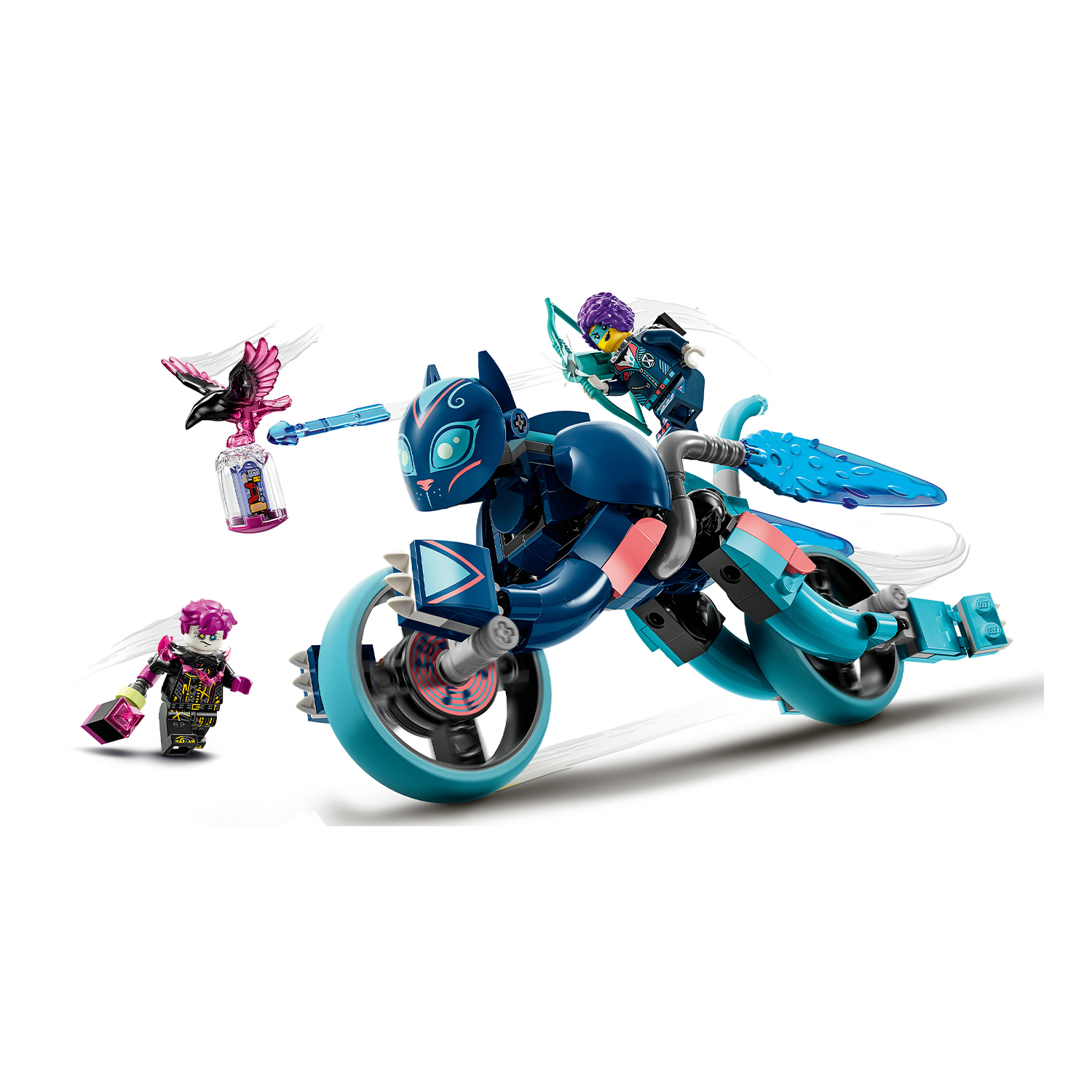 Moto Lego con figure. Una persona sopra, due figure intorno.