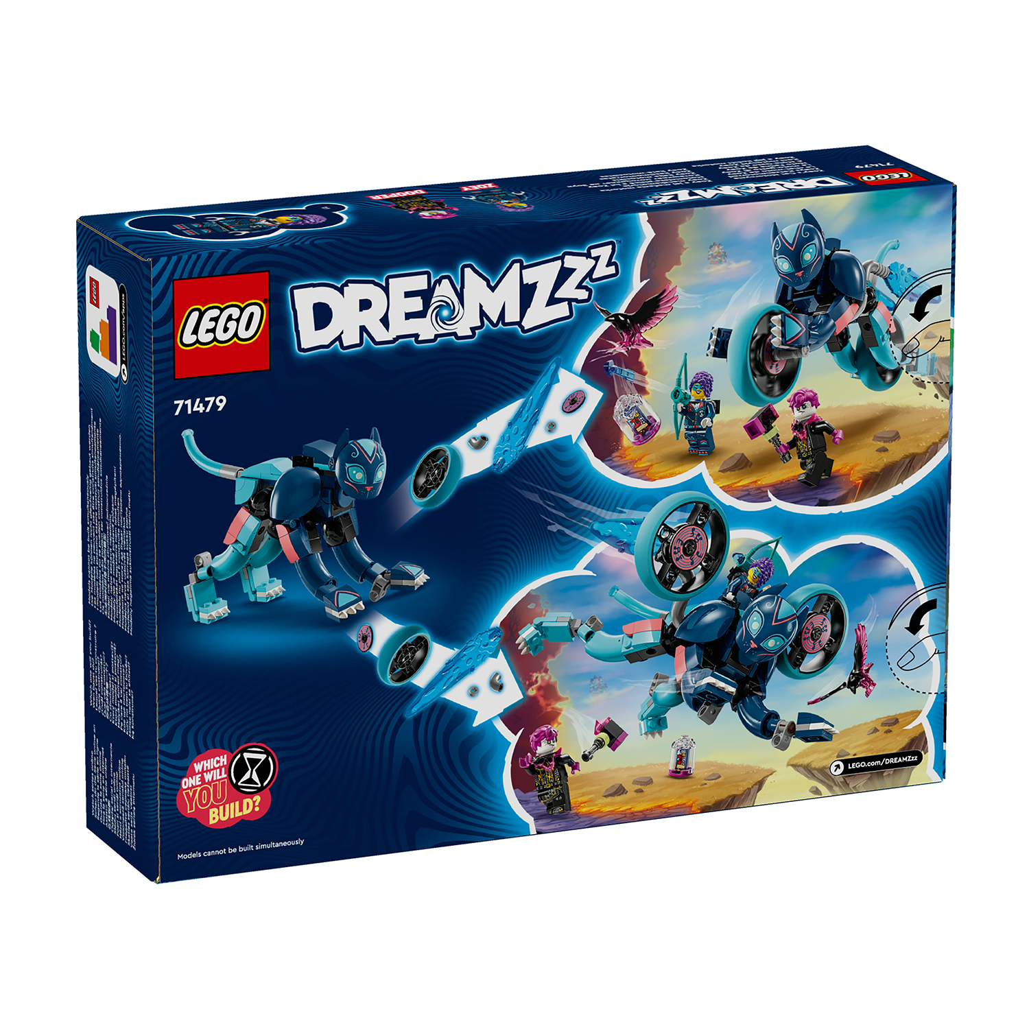 Scatola Lego Dreamzzz: un gatto e una moto con un pilota. La scatola presenta una combinazione di colori blu e nero.