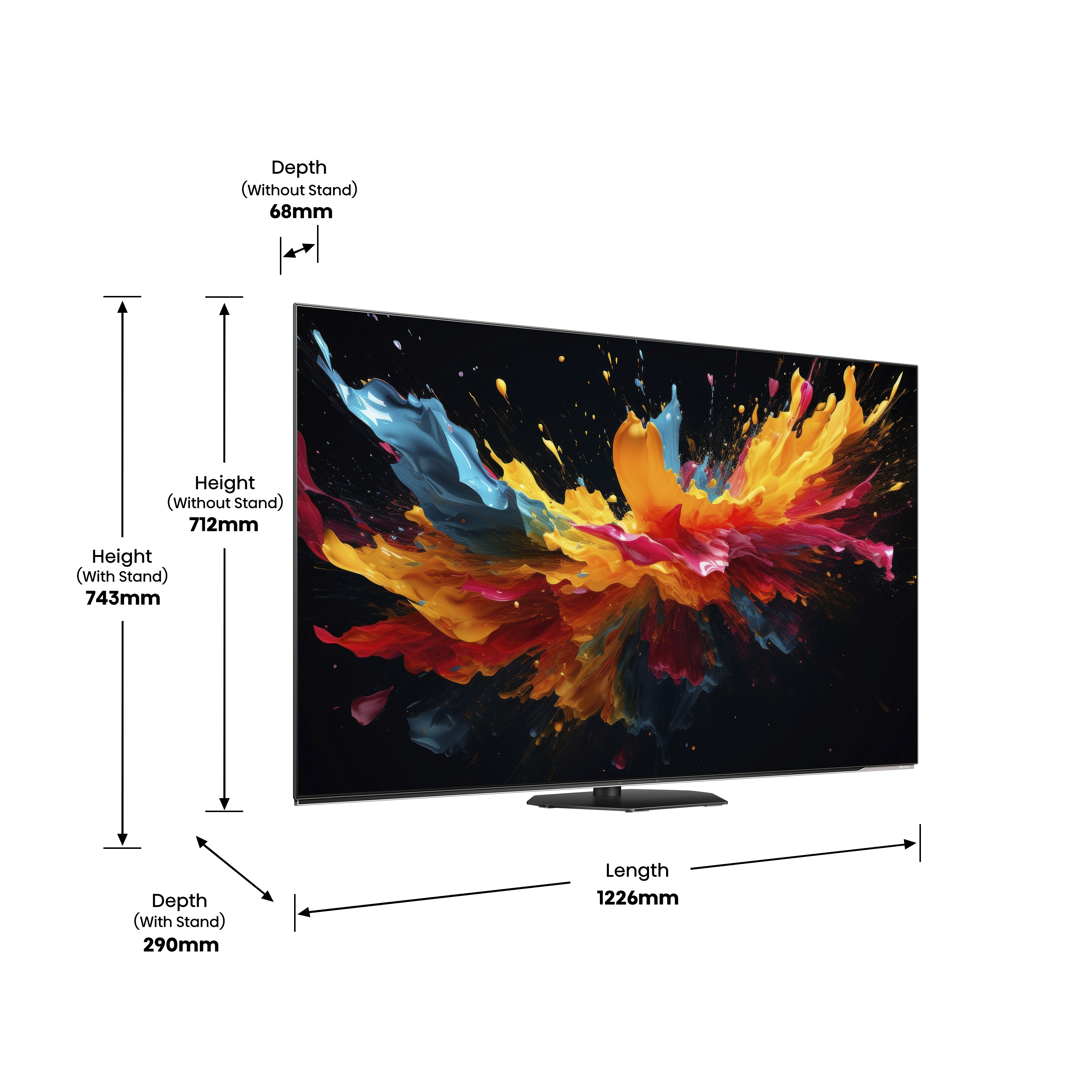 Fernseher mit buntem, abstraktem Bild und Abmessungen, Höhe und Tiefe.