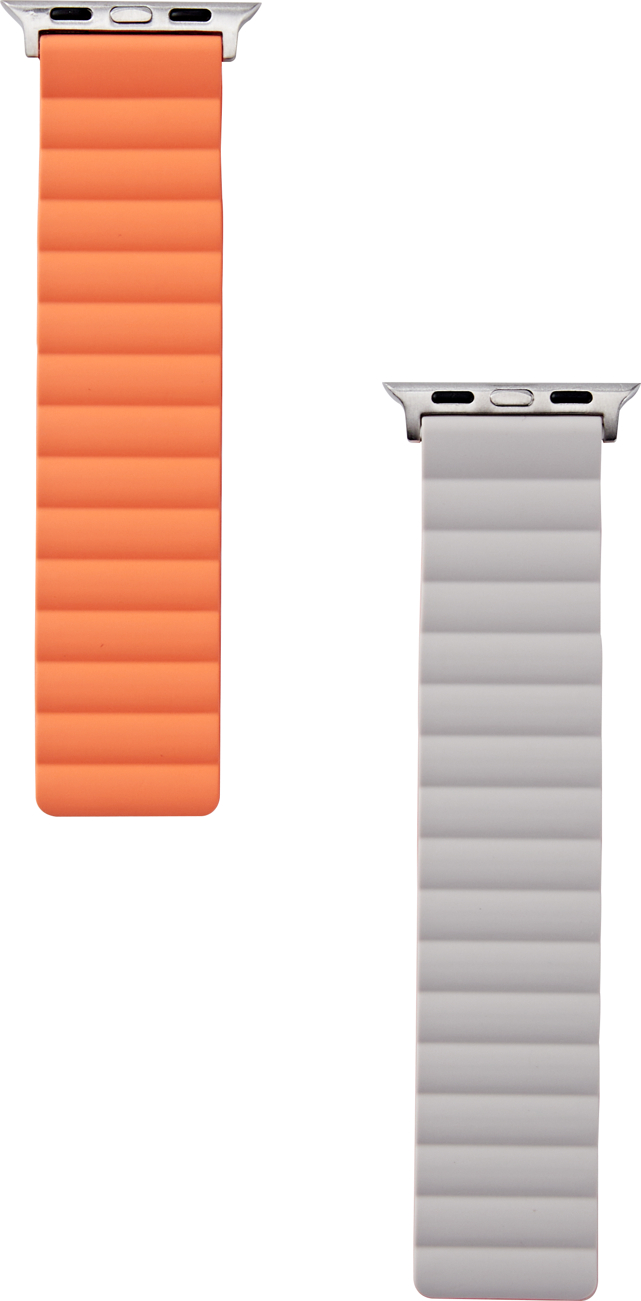Orangenes und graues Apple Watch-Armband auf schwarzem Hintergrund.
