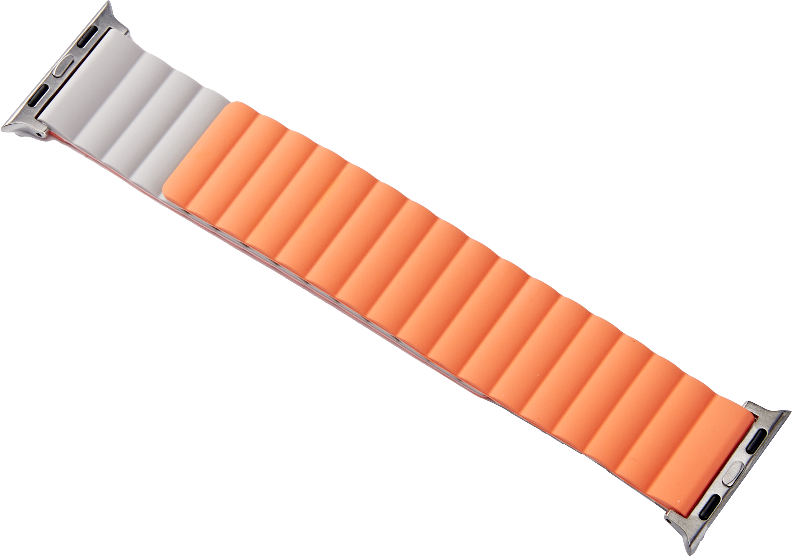 Oranges und silbernes Apple Watch Armband, schräge Ansicht, schwarzer Hintergrund.