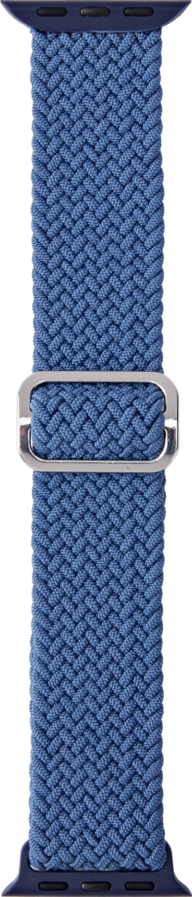 Blaues gewebtes Apple Watch-Armband mit silberner Schnalle. Nahaufnahme.