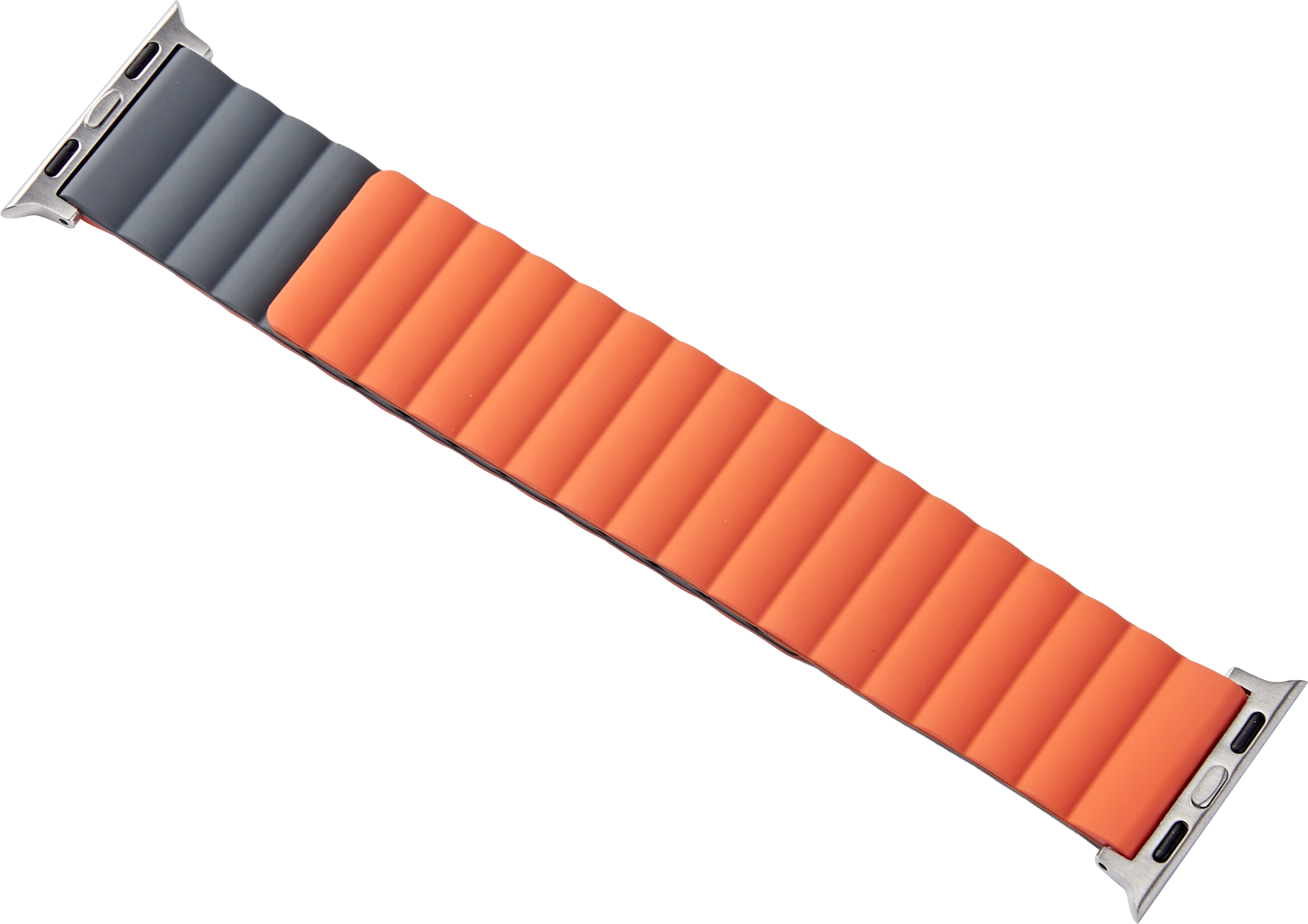 Oranges und graues Apple Watch Armband. Silberne Anschlüsse an den Enden. Schwarzer Hintergrund.