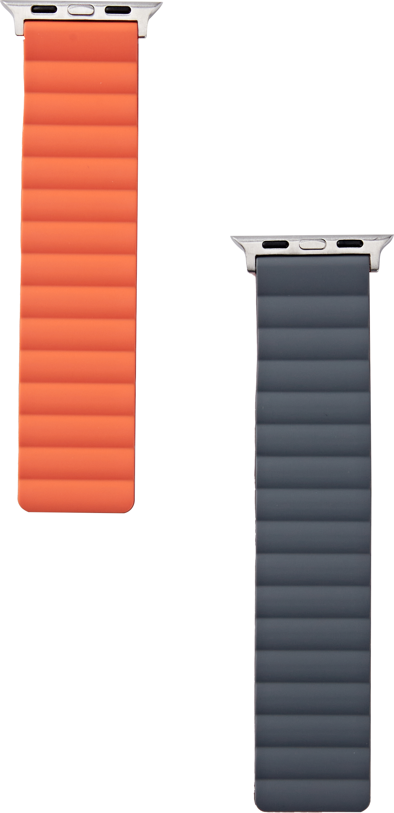 Zwei Apple Watch-Armbänder, eines orangefarbenes und eines graues, beide mit silbernen Verschlüssen.