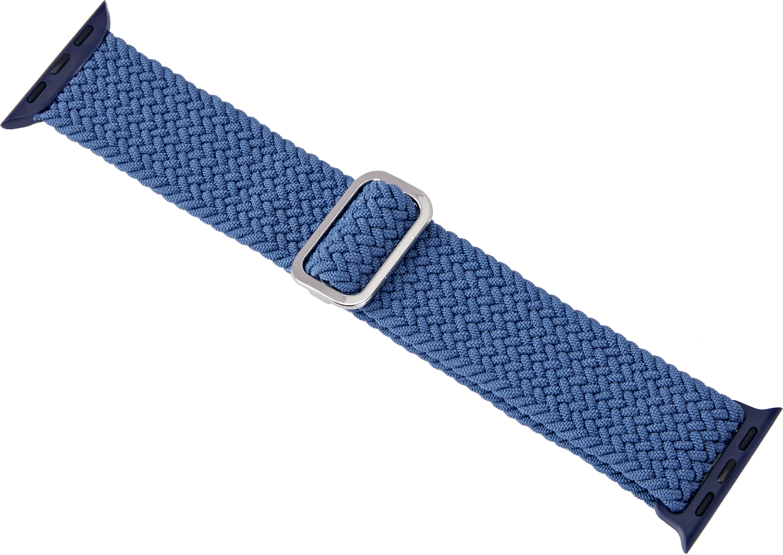 Geflochtenes blaues Uhrenarmband mit silberner Schnalle, auf schwarzem Grund.