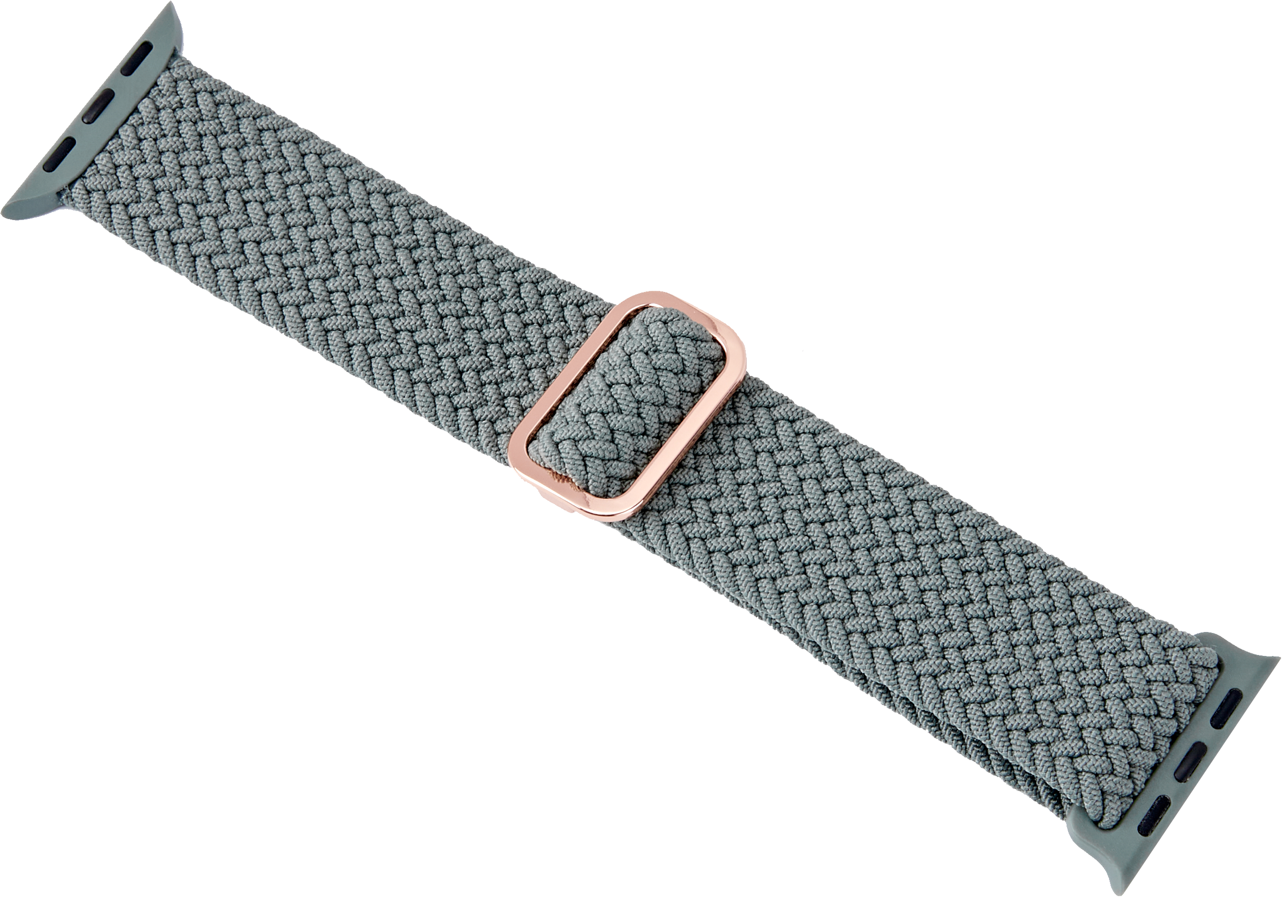 Graues geflochtenes Uhrenarmband mit roségoldener Schließe, vor schwarzem Hintergrund.