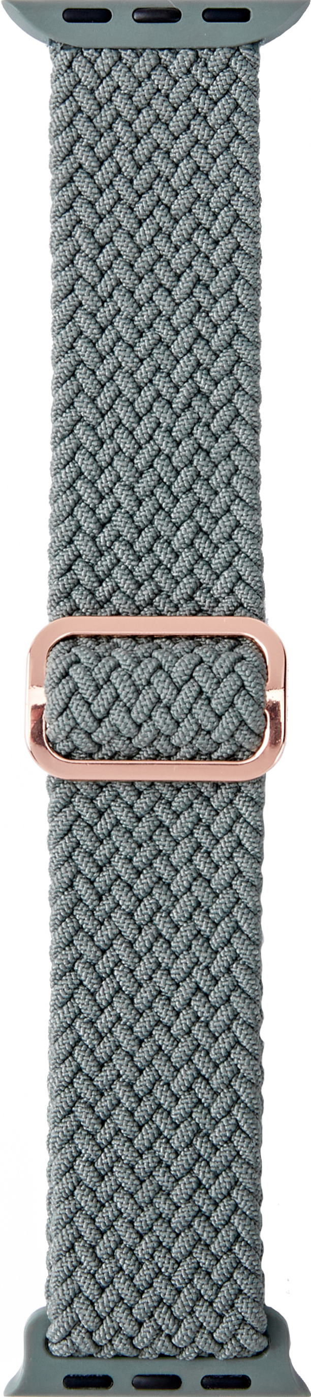 Geflochtenes graues Apple Watch-Armband mit roségoldener Schnalle. Das Armband liegt flach.