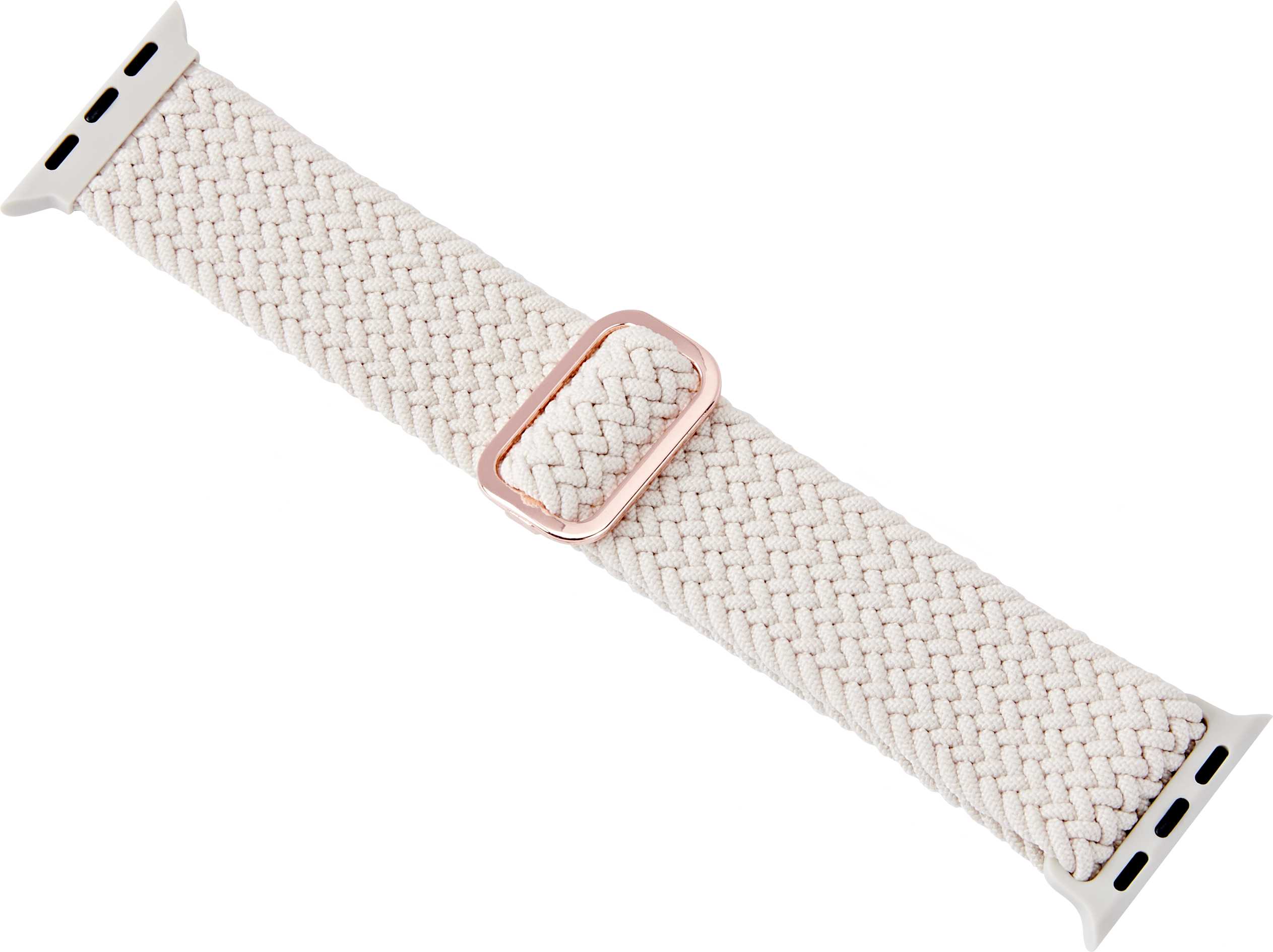 Geflochtenes cremefarbenes Apple Watch-Armband mit einer roségoldenen Schnalle.