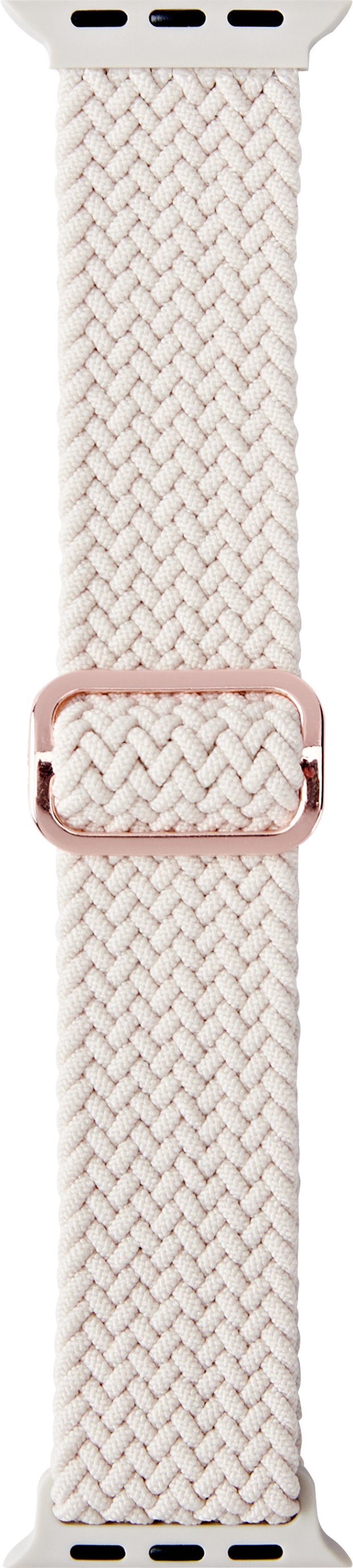 Geflochtenes cremefarbenes Uhrenarmband mit Roségold-Schnalle.