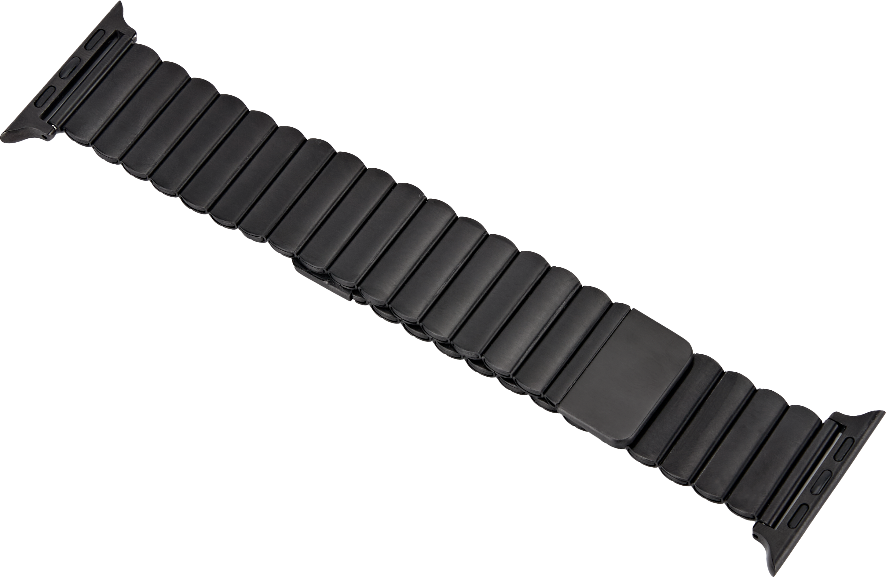 Schwarzes Apple Watch Armband, flexibel und aus kleinen Segmenten.