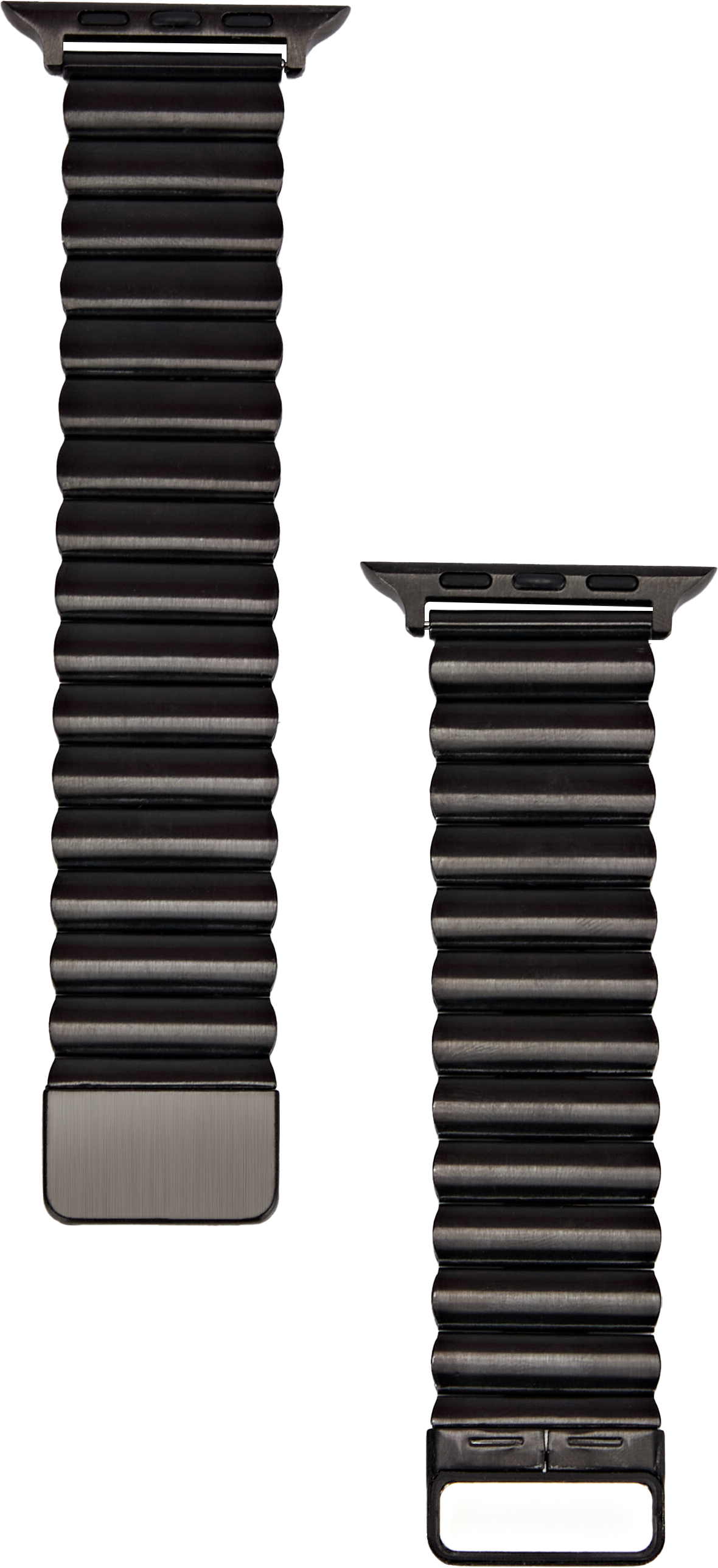 Ein dunkelgraues Apple Watch-Armband aus miteinander verbundenen Metallsegmenten, gefaltet.