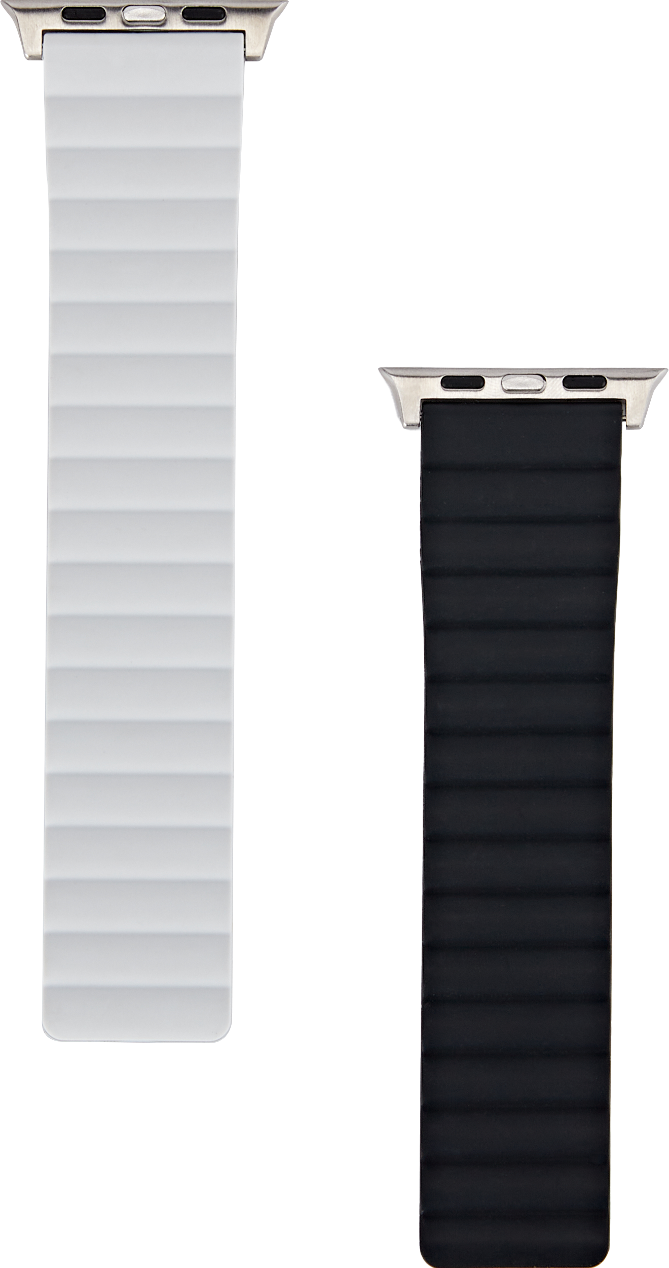 Zwei Apple Watch-Armbänder: weiß und schwarz. Beide sind geriffelt und haben Metallverschlüsse.