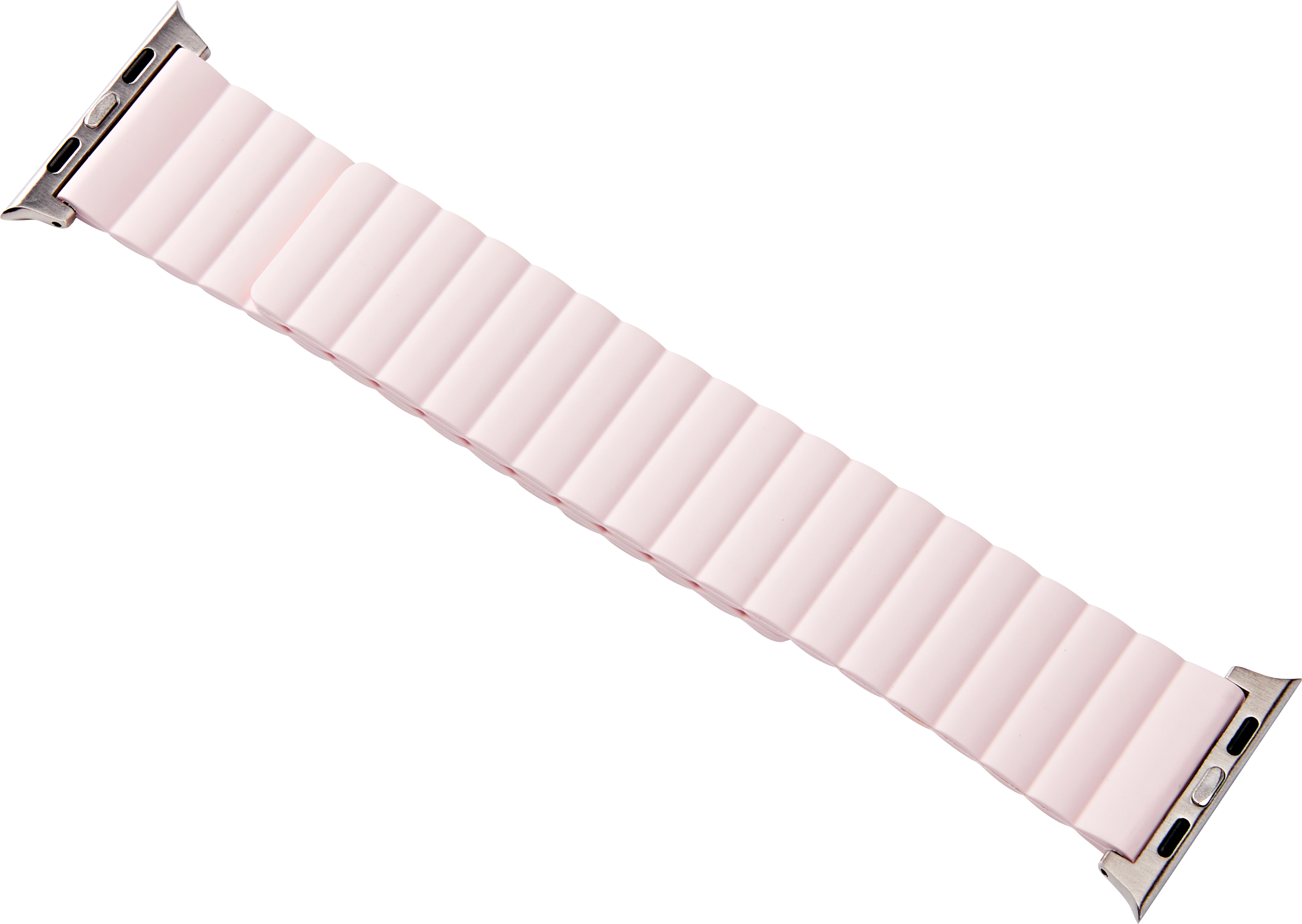 Rosa, geriffeltes Apple Watch-Armband mit silbernen Verschlüssen. Diagonale Ansicht, schwarzer Hintergrund.