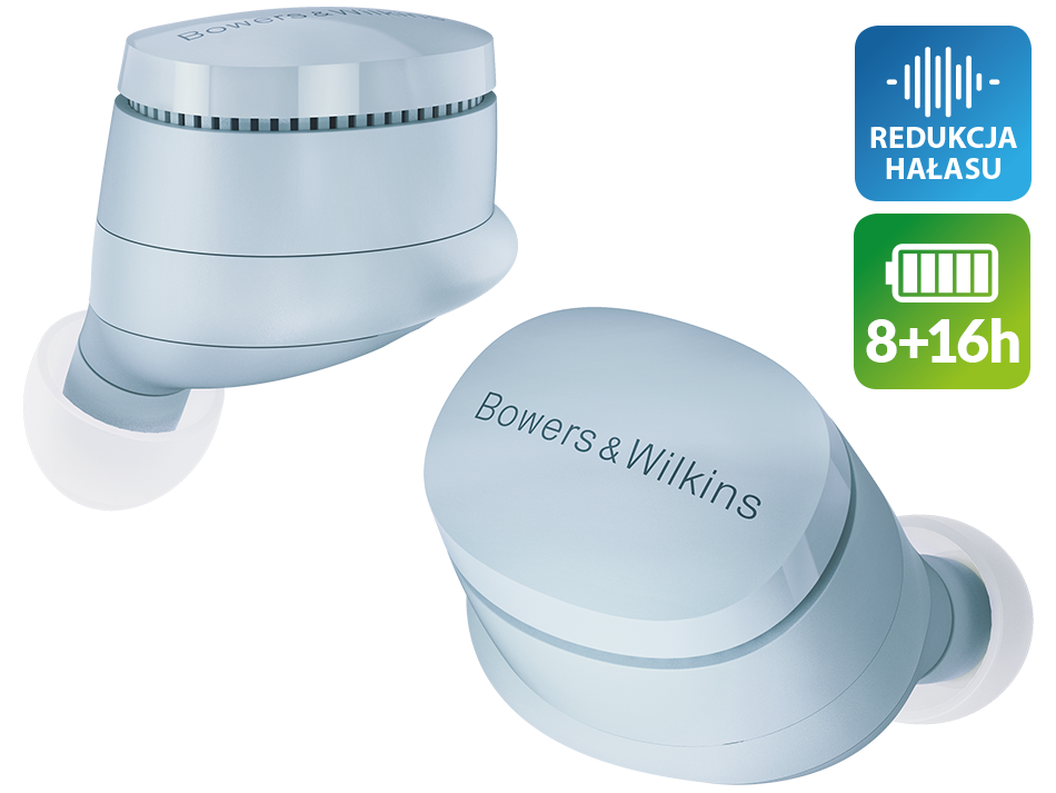 Dwie jasno niebieskie bezprzewodowe słuchawki. Tekst: Bowers & Wilkins. Przyciski: redukcja szumów, bateria 8+16h.