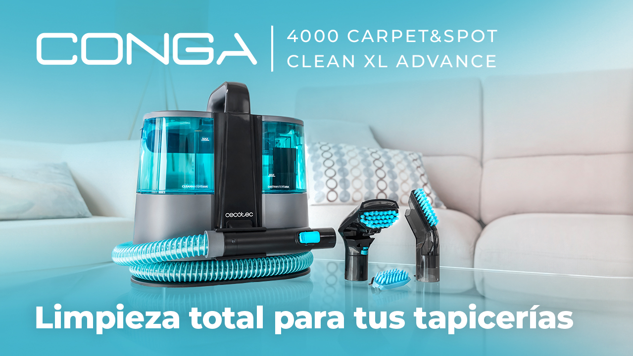 Aspiradora con accesorios. Texto: CONGA 4000 Carpet&Spot Clean XL Advance.