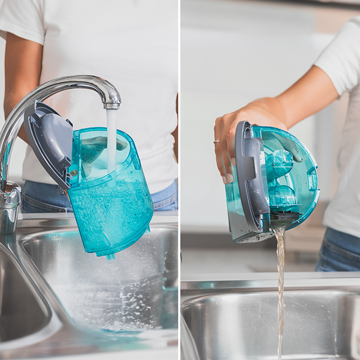 Dos imágenes que muestran un contenedor de aspiradora llenándose de agua y vaciándose en un fregadero.
