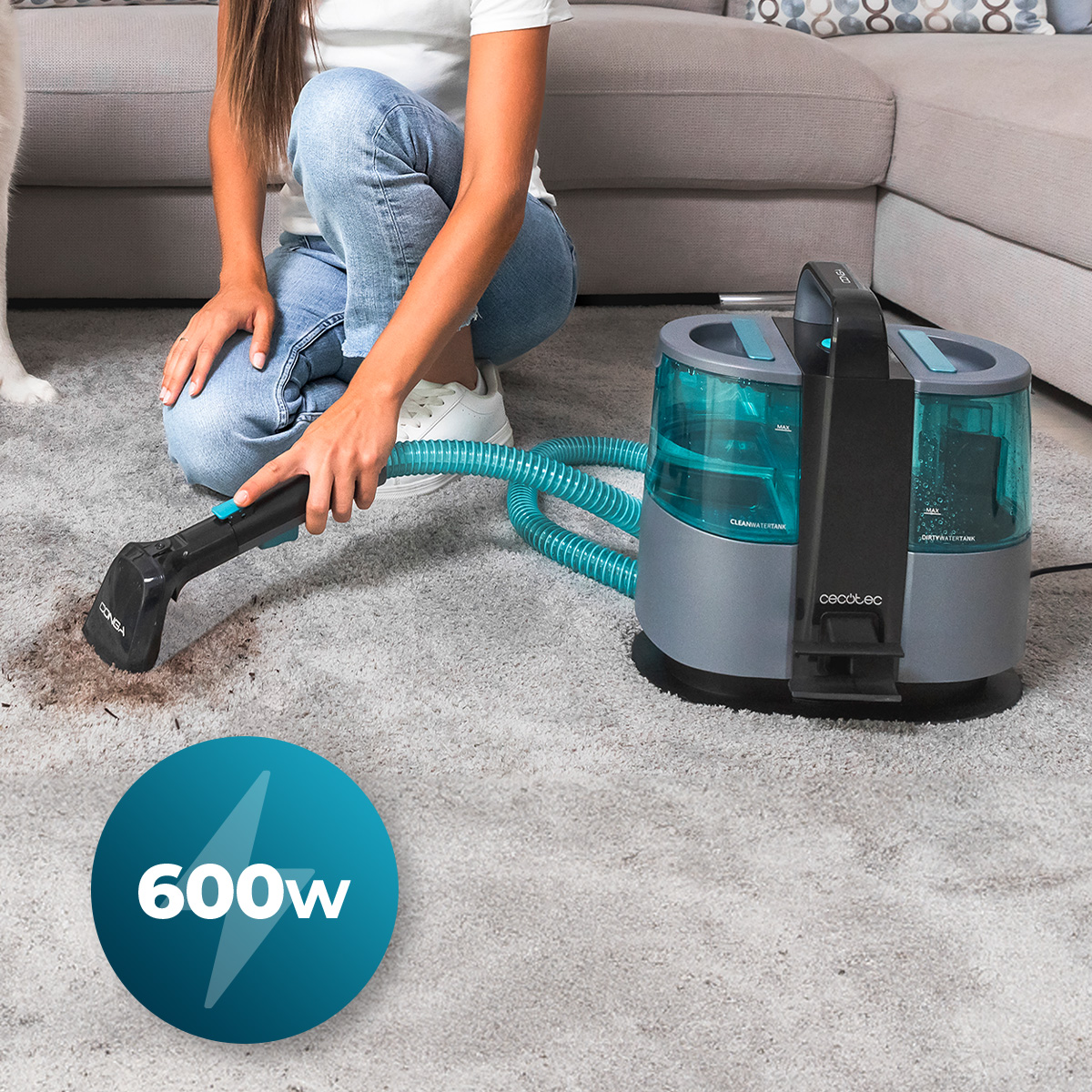 Una mujer limpia una alfombra con una aspiradora. Hay un icono azul de 600W.