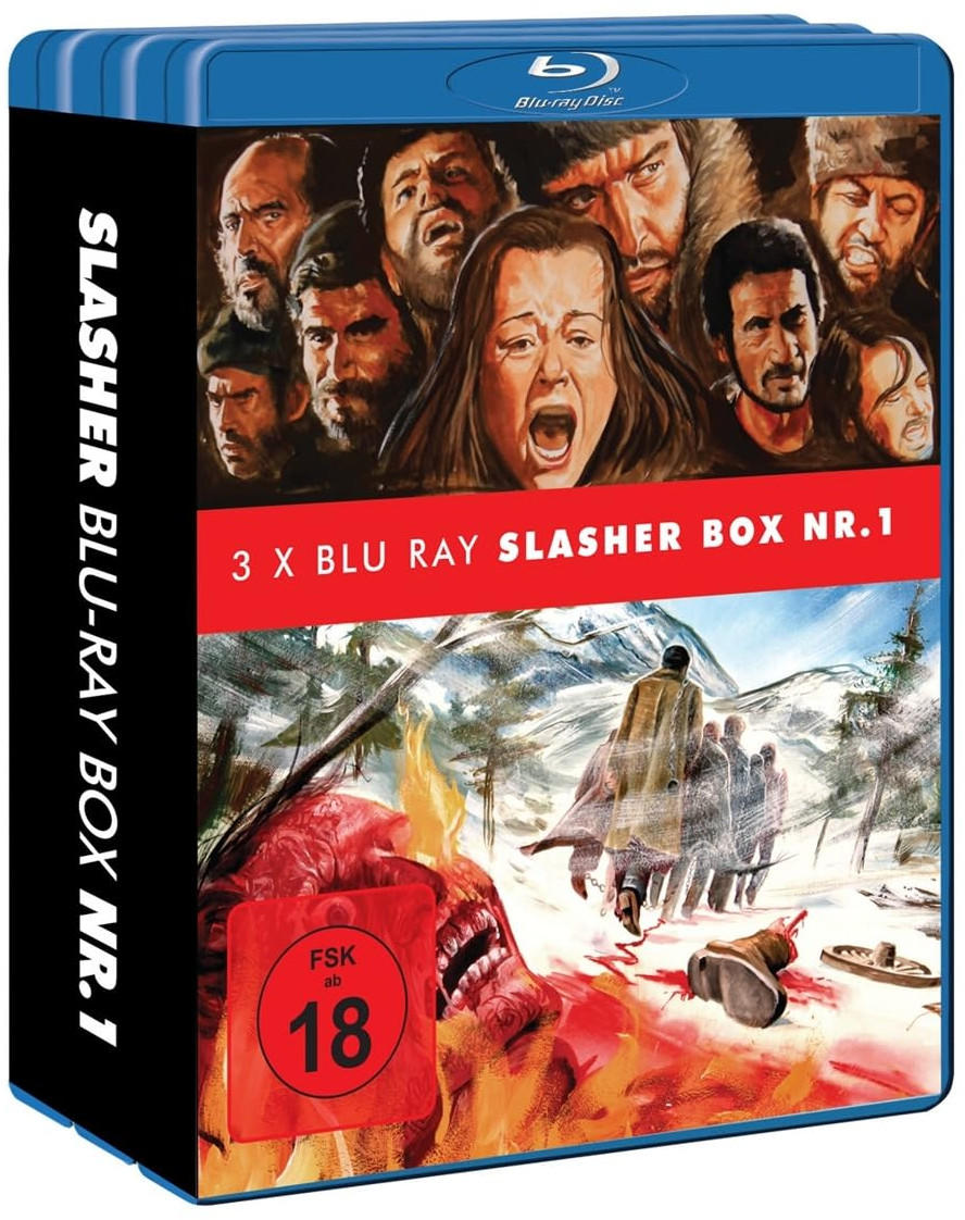 Blu-ray-Boxset mit einer Bergszene und mehreren Gesichtern. Text: 'Slasher Blu-Ray Box Nr.1' und 'FSK ab 18'.