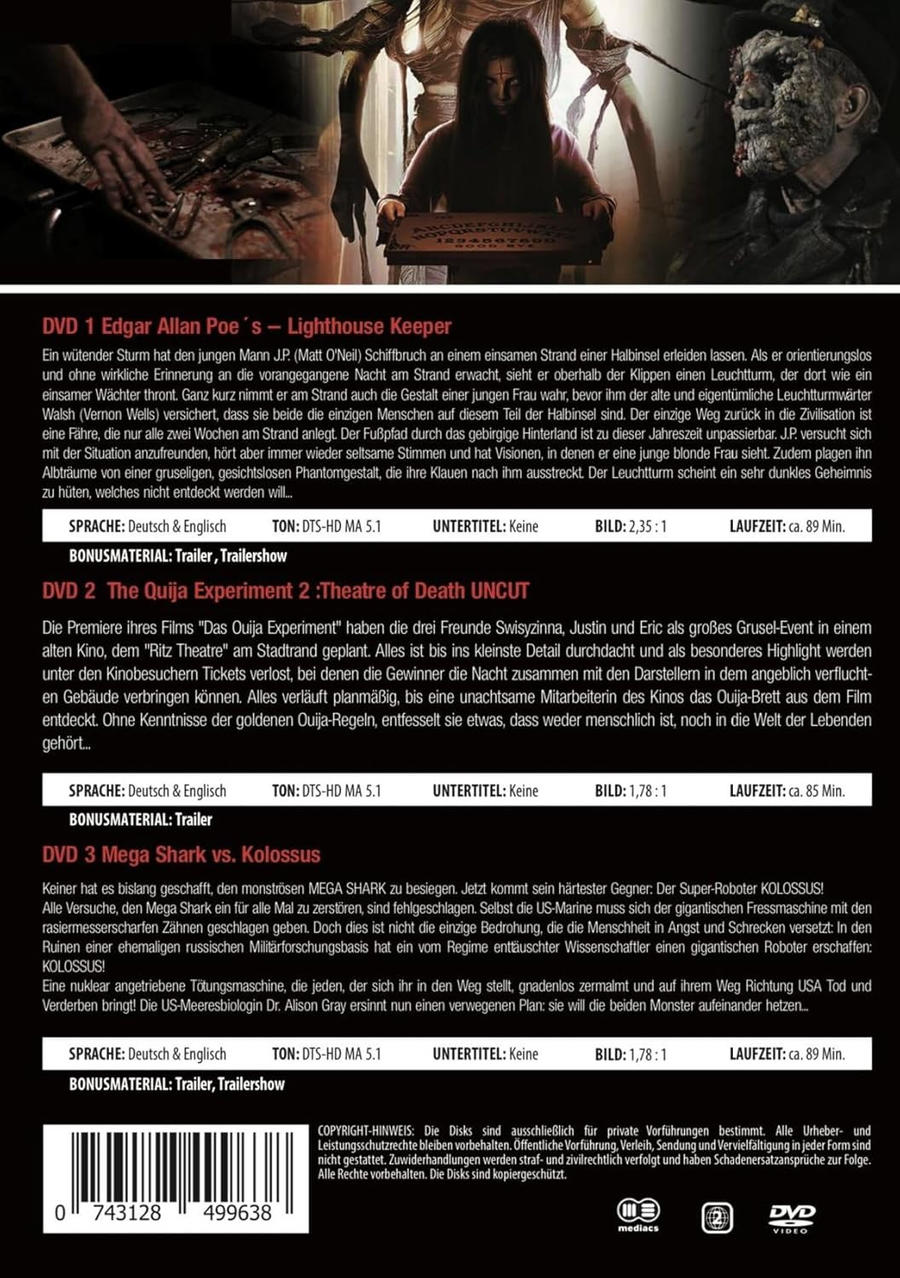 DVD-Cover mit Text und Bildern von drei Filmen: Edgar Allan Poe, The Ouija Experiment und Mega Shark vs. Kolossus.