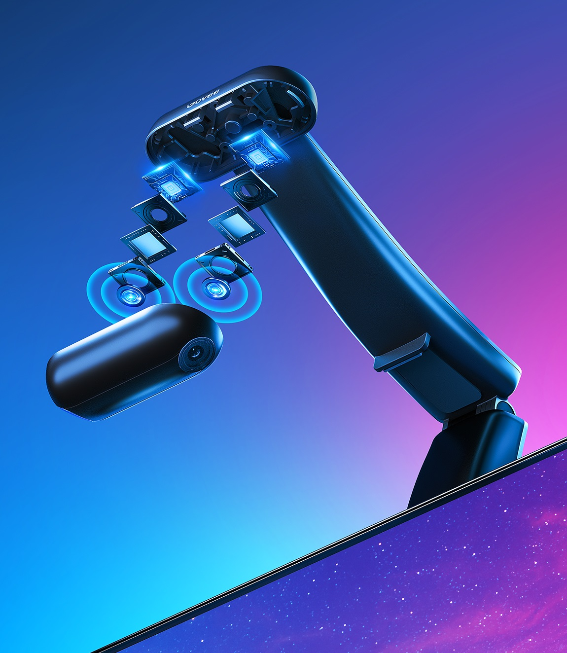 Çoklu lenslere ve mavi ışık efektlerine sahip siyah robotik kamera cihazı.