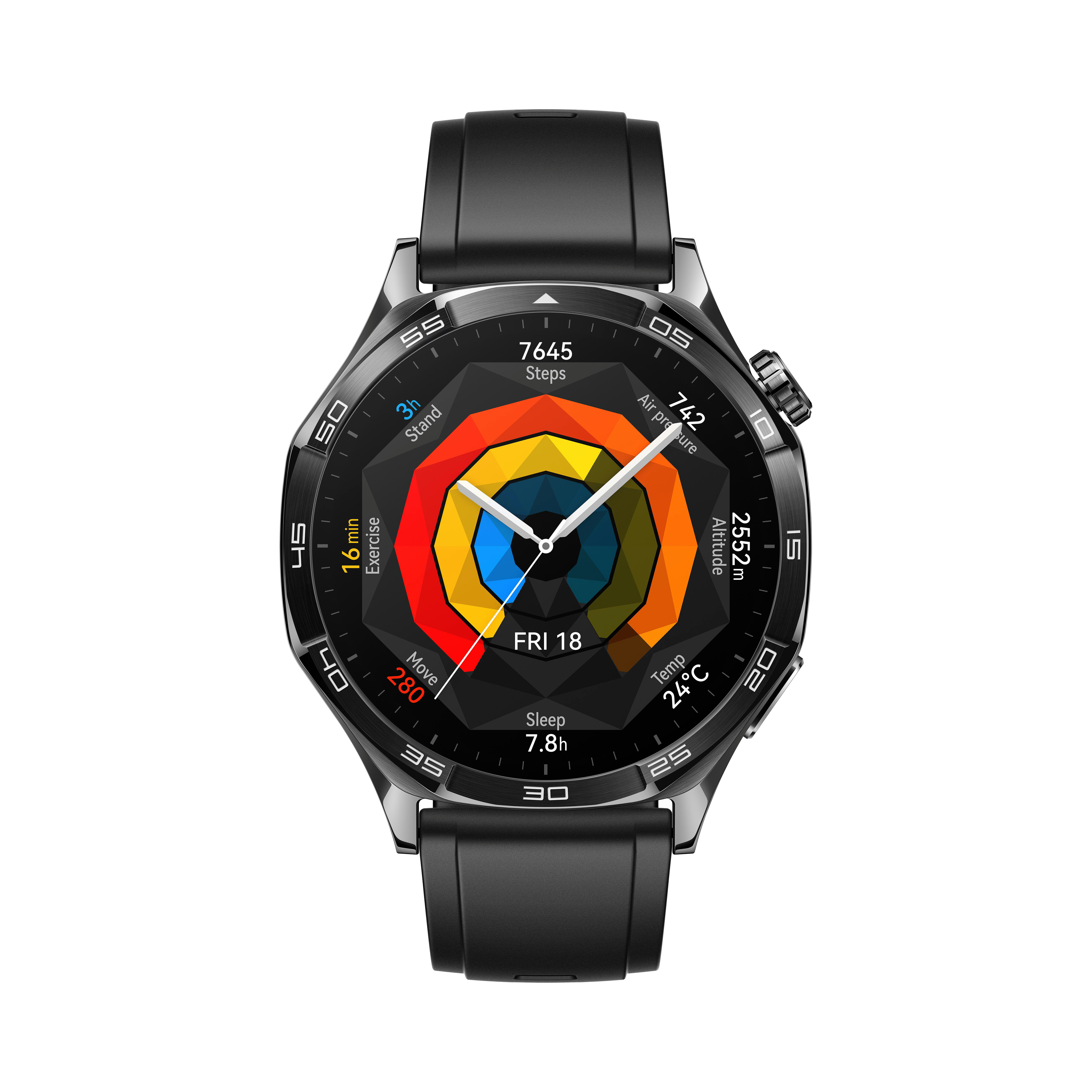 Eine schwarze Smartwatch mit schwarzem Armband, die Zeit und Statistiken anzeigt.