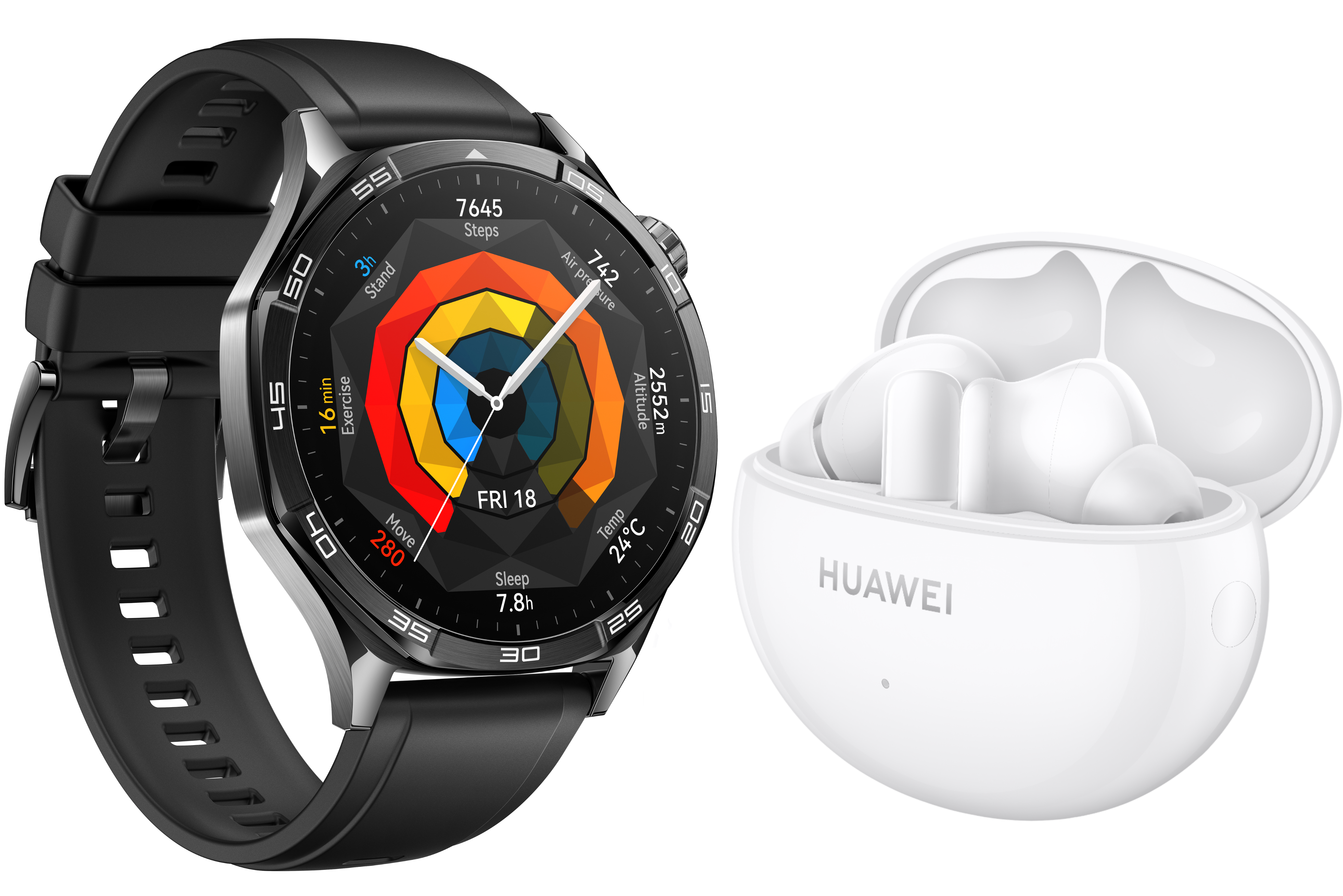 Eine schwarze Huawei Smartwatch mit einer weißen Huawei-Kopfhörerhülle daneben.