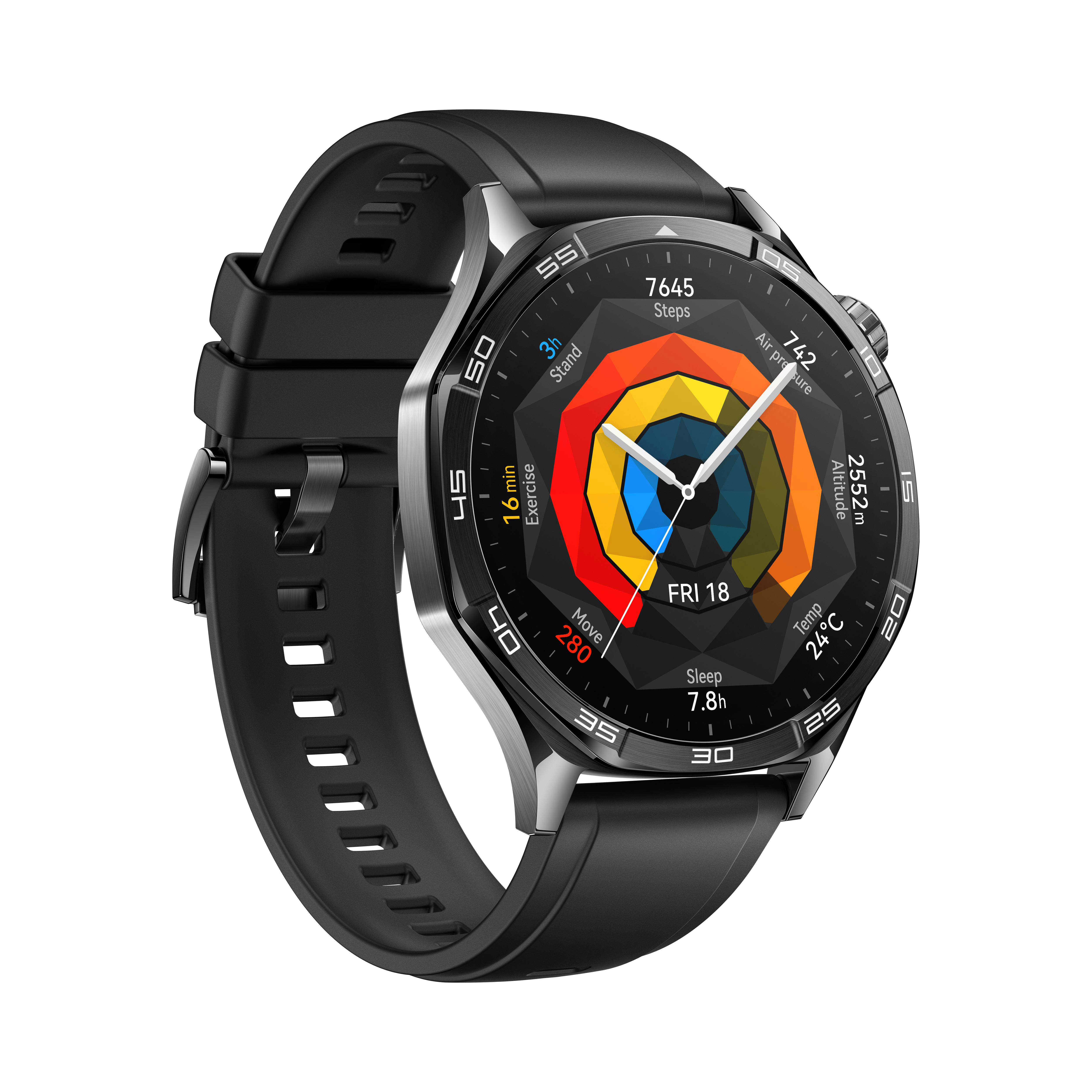 Schwarze Smartwatch mit schwarzem Armband, Anzeige von Aktivitätsmetriken und Uhrzeit.