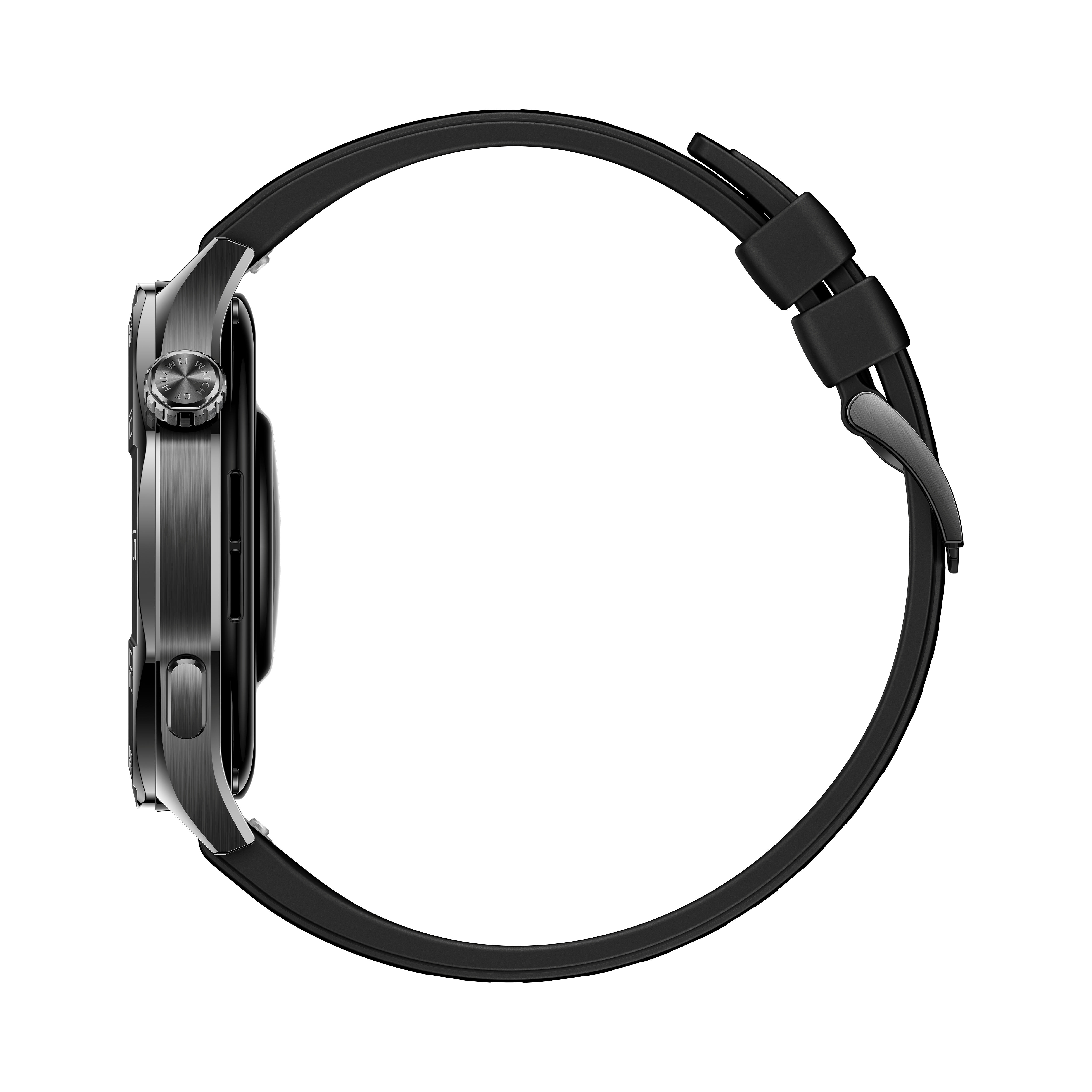 Schwarze Smartwatch mit schwarzem Armband, Seitenansicht, mit rundem Zifferblatt.