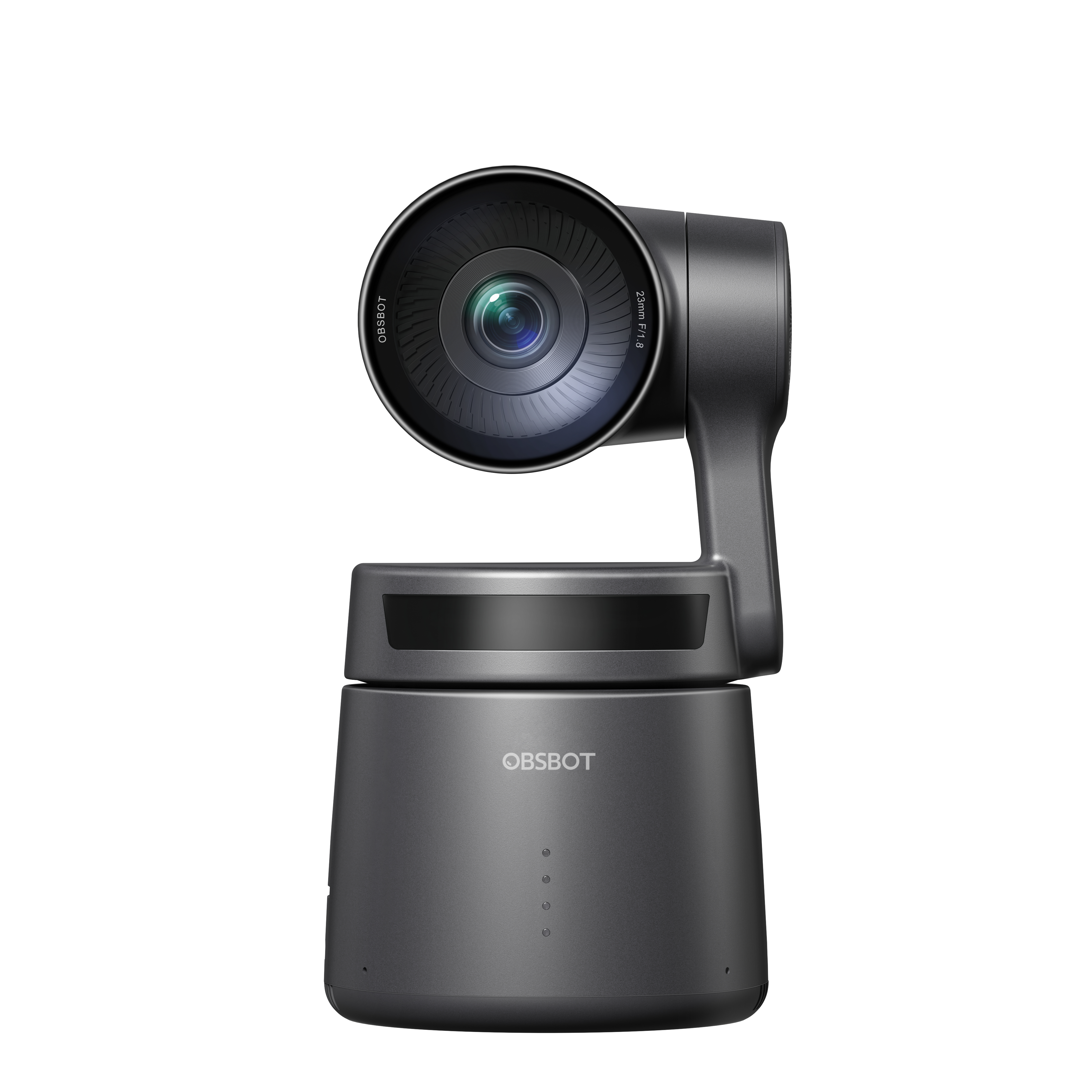Eine schwarze Webcam mit rundem Sockel und großem Objektiv. Es ist ein modernes Design.