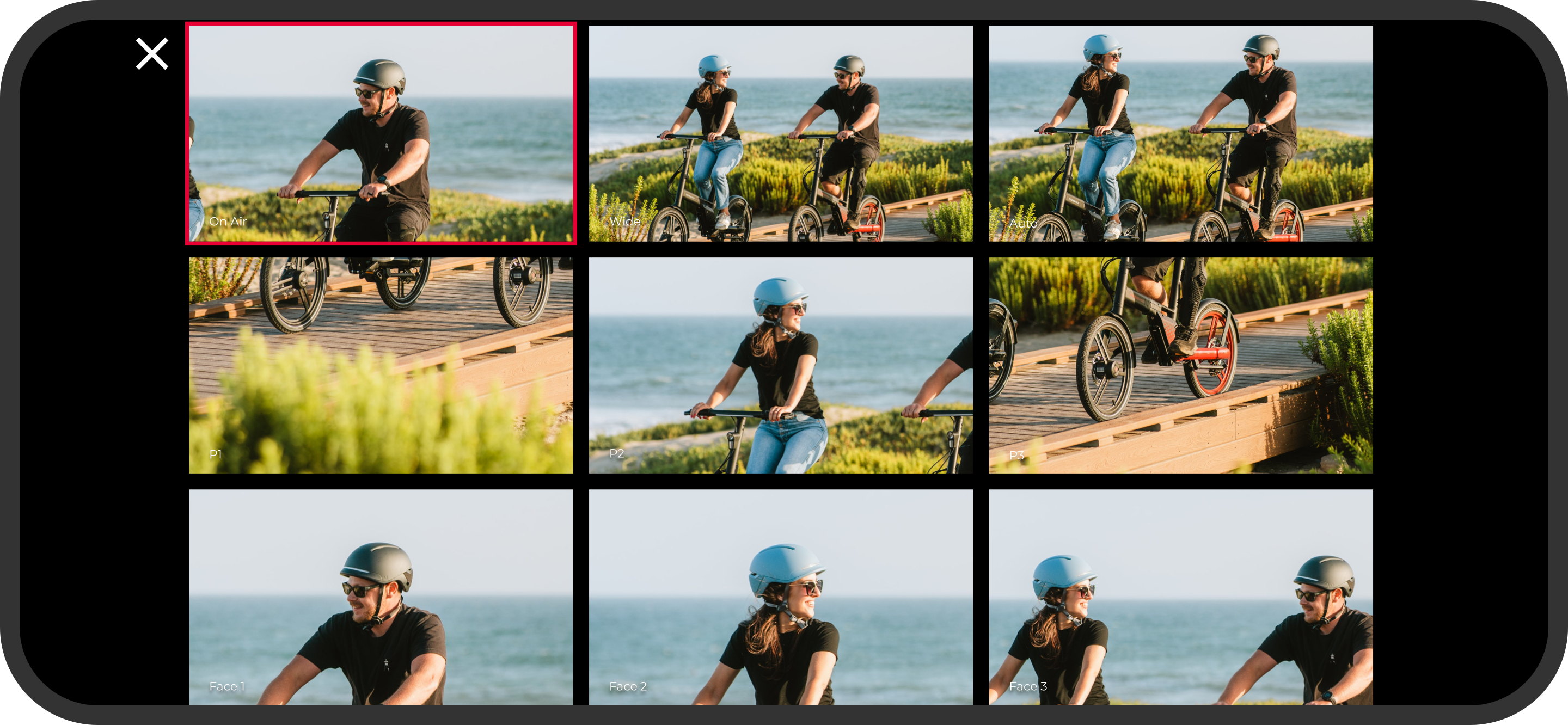 Ein Telefonbildschirm, der ein Raster von Fotos mit einem Mann auf einem Fahrrad anzeigt.