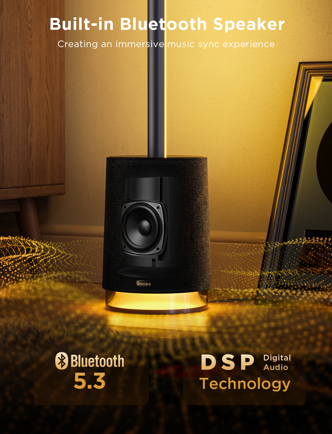 Alt ışıklı, Bluetooth 5.3 ve DSP teknolojili siyah hoparlör. Resimdeki metin.
