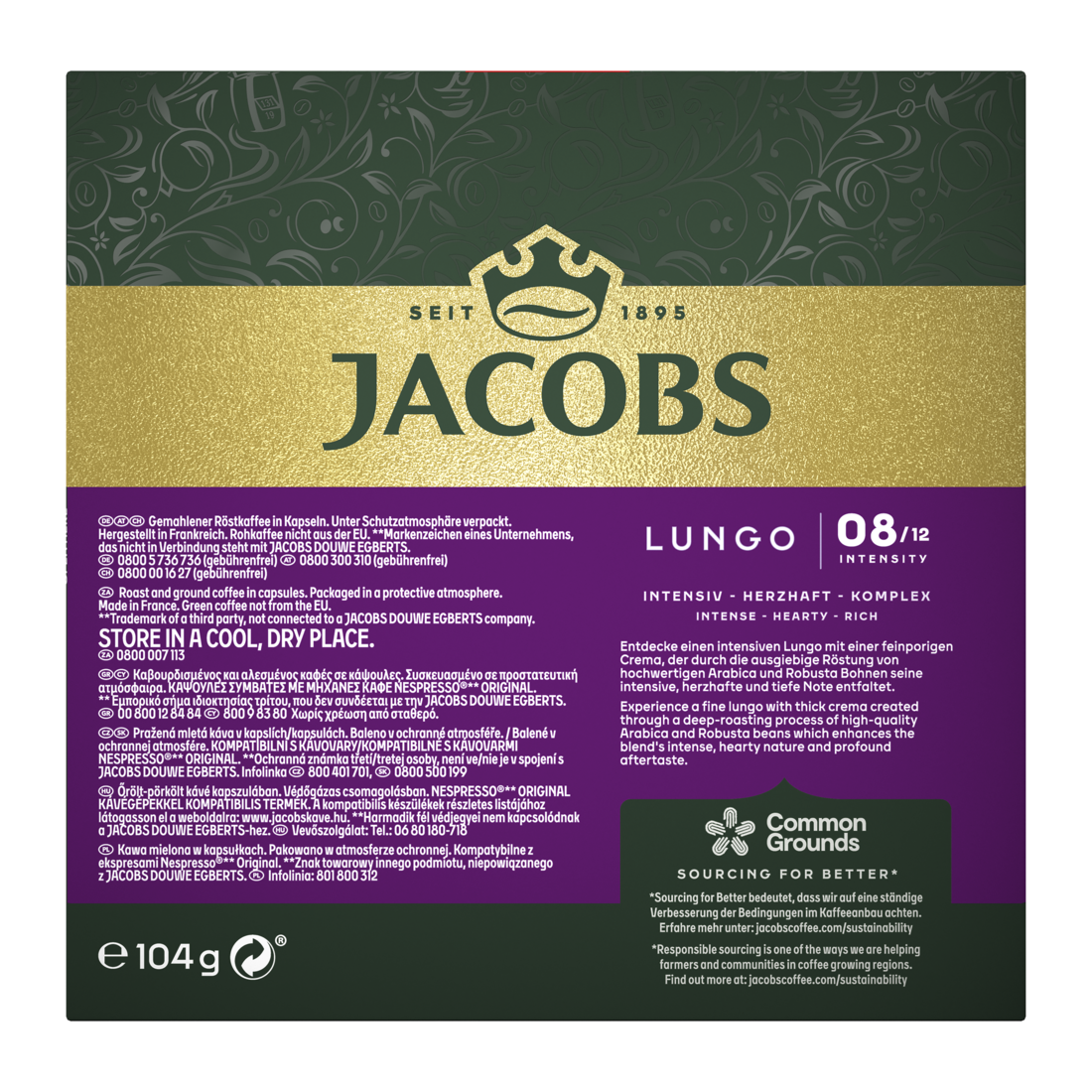 Opakowanie kawy Jacobs Lungo z tekstem i wzorem na ciemnym tle.