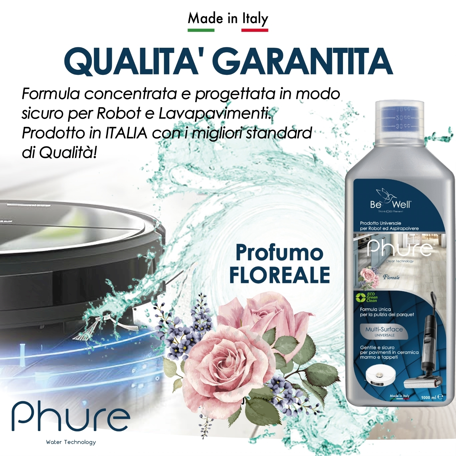 Bottiglia di detergente per pavimenti Phure con fiori. Un aspirapolvere robot è sullo sfondo.