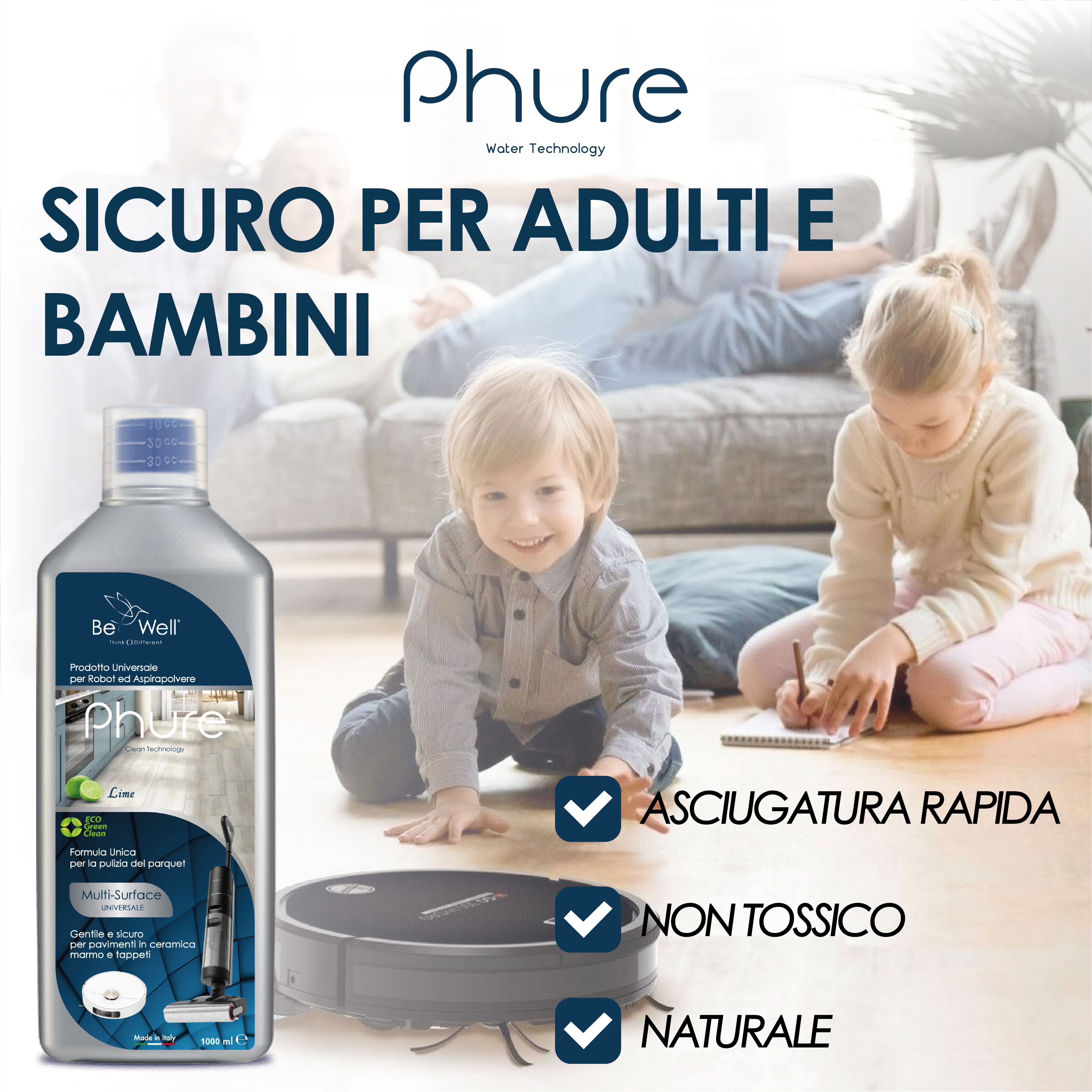 Bottiglia di detergente liquido, famiglia sullo sfondo, un robot aspirapolvere e segni di spunta.