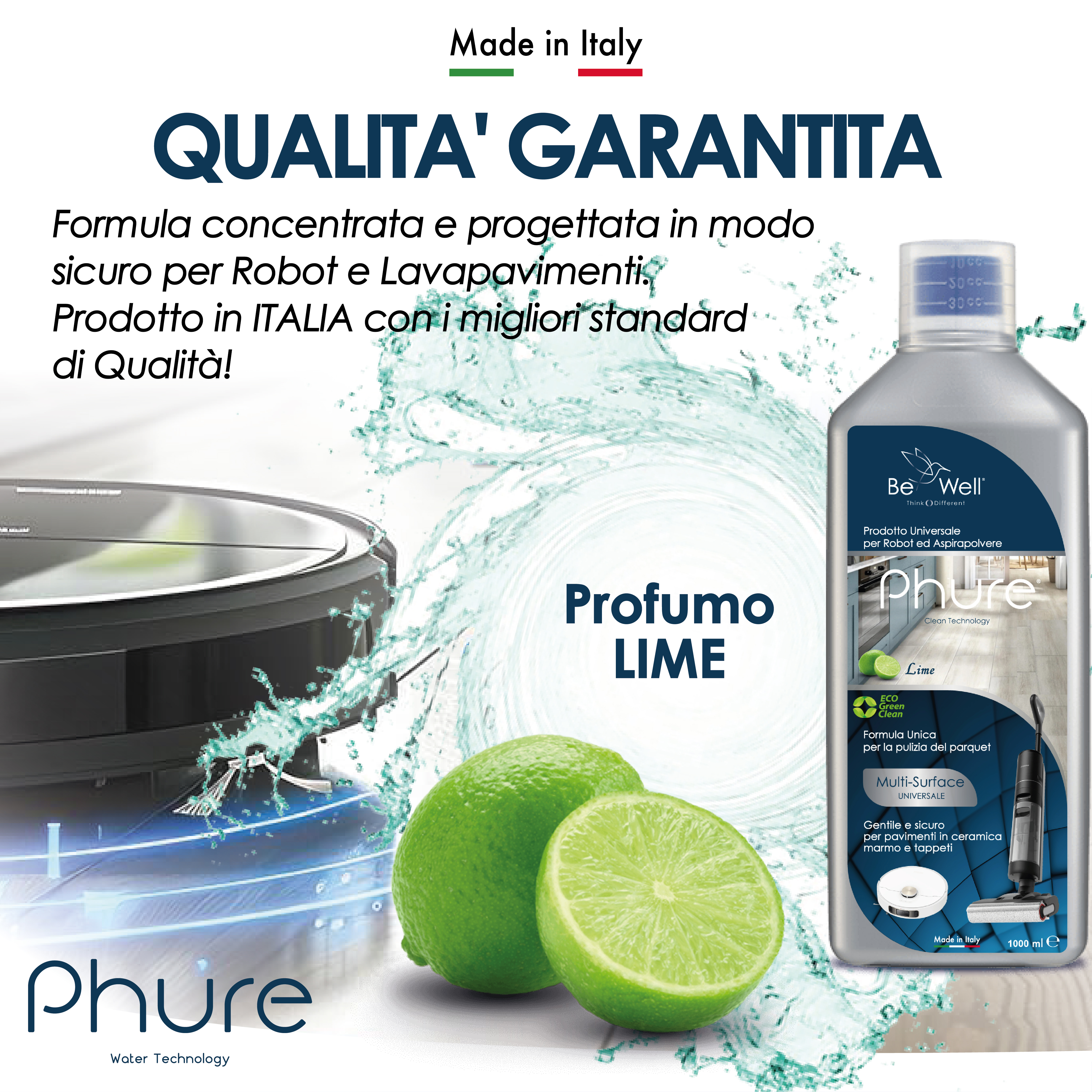 Lime, detergente e un robot aspirapolvere. Testo in italiano.