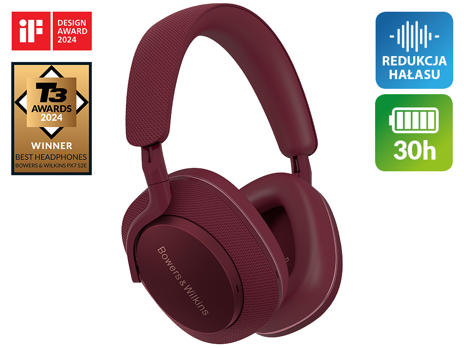 Bordowe słuchawki z tekstem i nagrodami na czarnym tle.