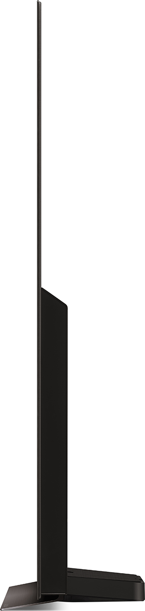 Ein schwarzer, schlanker, moderner Fernseher, der aufrecht steht. Der Fernseher hat ein minimalistisches Design.