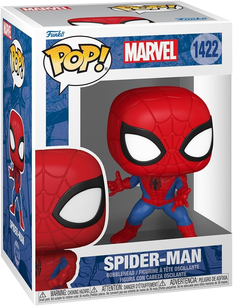 Una figura Funko Pop de Spider-Man con su traje clásico rojo y azul, en una caja.